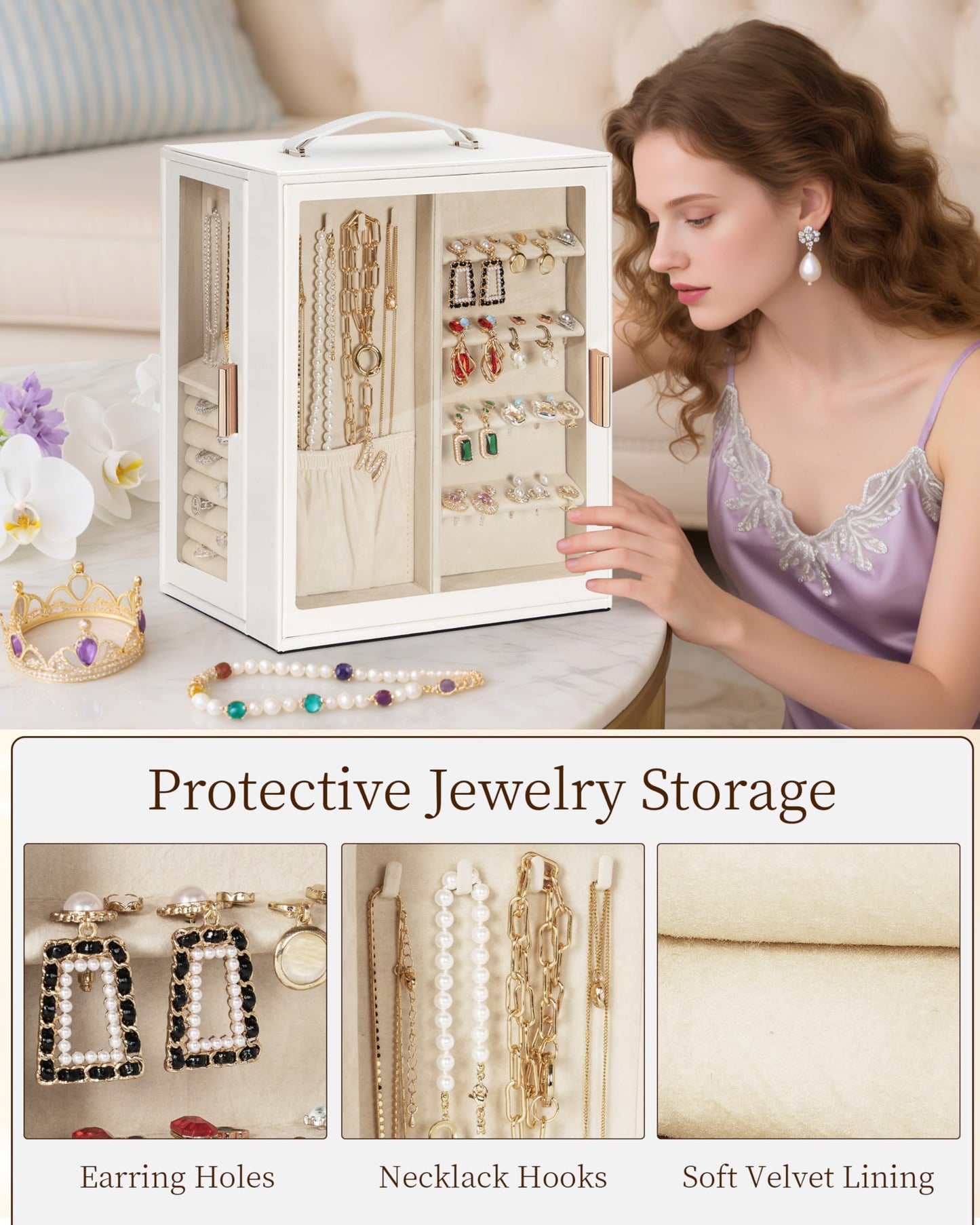 TORIBIO Large Jewelry Box for Women Girls,Big Leather Jewelry Organizer for Necklaces Rings Earrings Gift Bracelets Storage with Drawer,Great Gift for Her