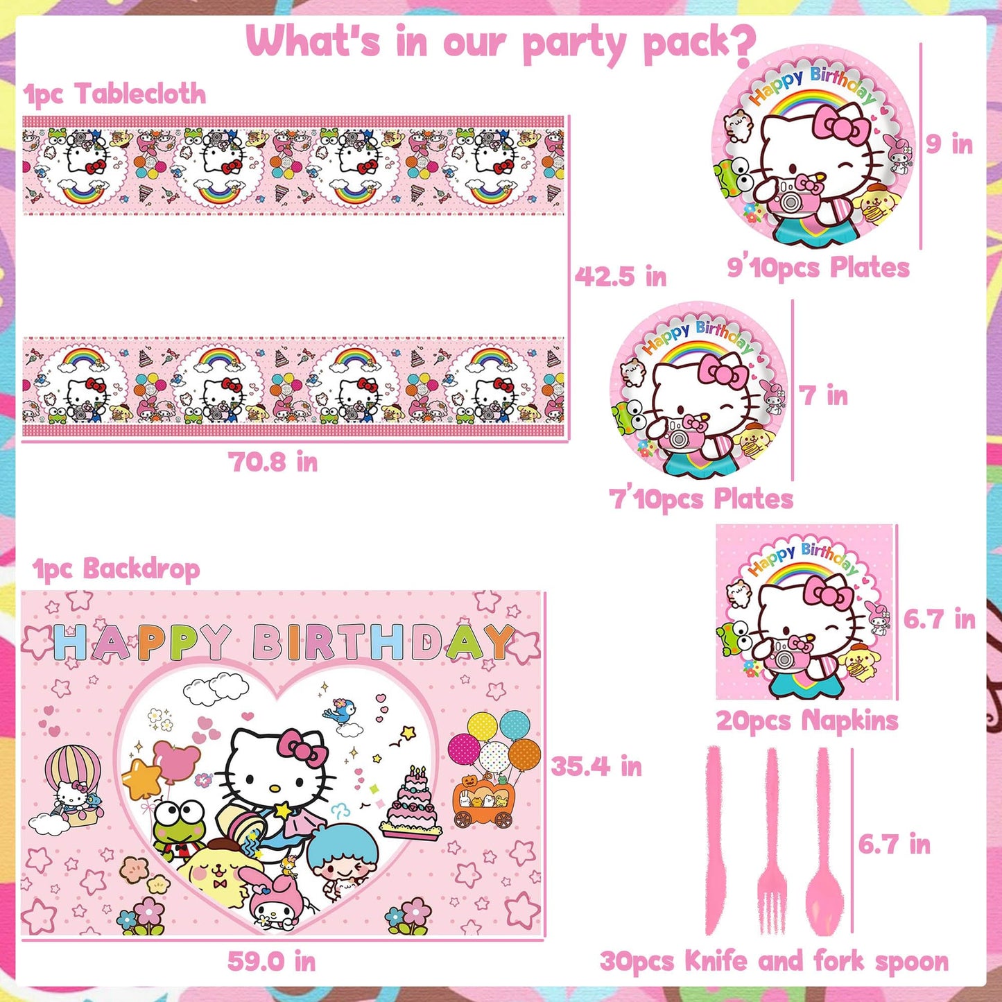 Cute Birthday Party Decorations Set - Pink Cartoon Theme Party Supplies Includes Banner, Foil Balloons, Printed Balloons, Tablecloth, Tableware, Napkins, for Adult Party