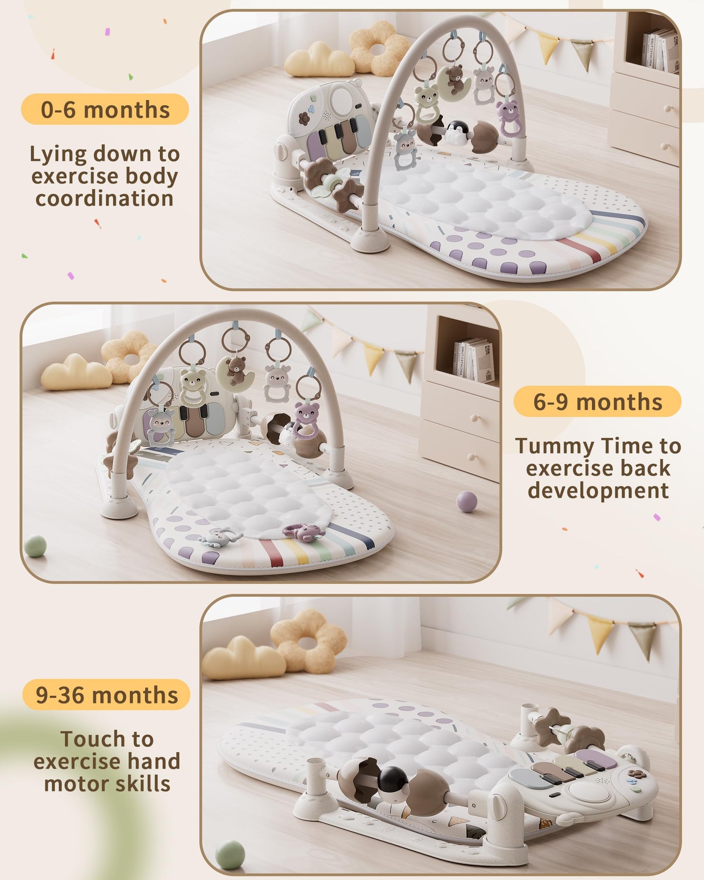 Stactcute Baby Play Mat Baby Toys,Baby Gym Tummy Time Play Piano Activity Mat with 5 Infant Sensory Toys,Music & Light Infant Newborn Gifts for Babies Toddlers 0-3 6-9 11 12 Months.