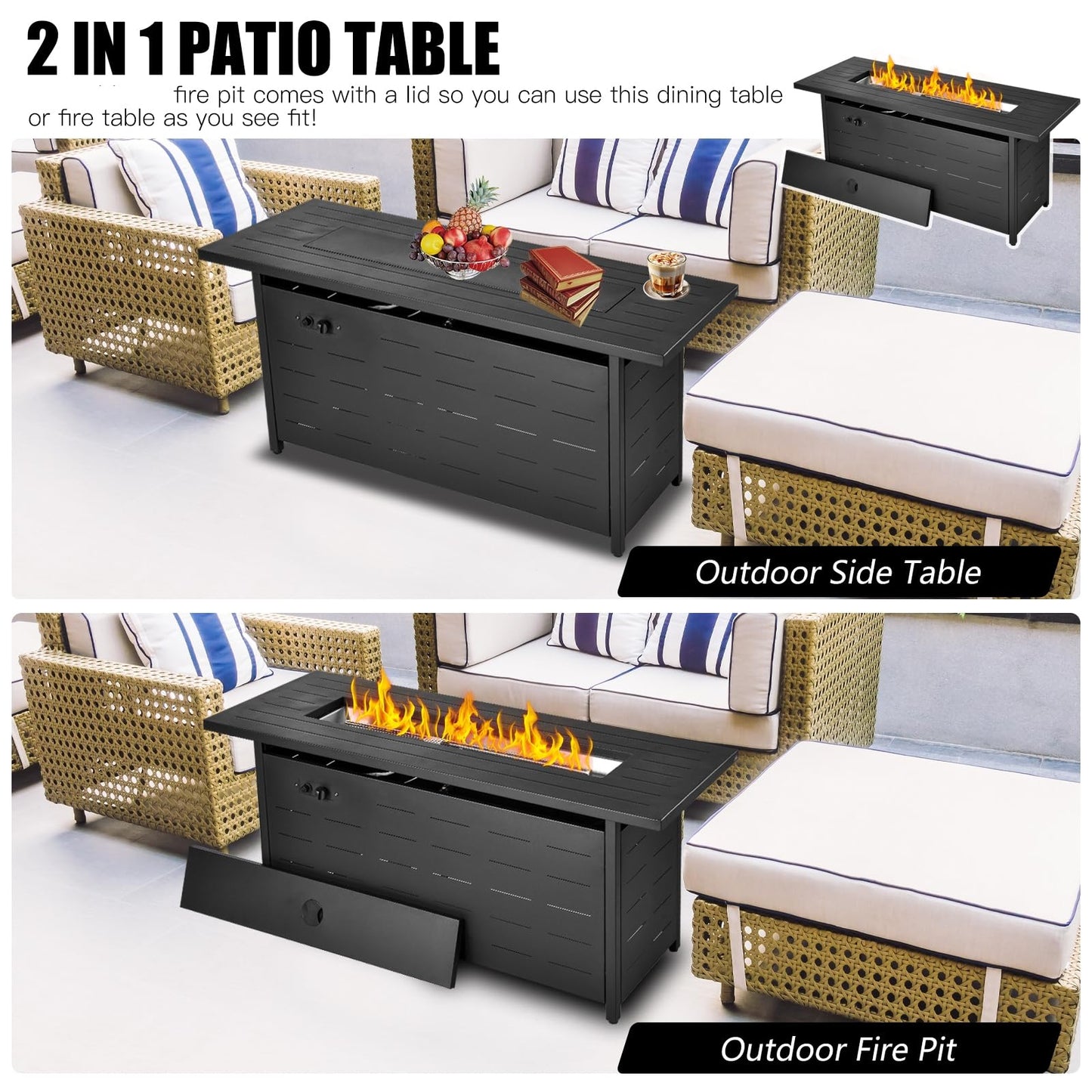 EcoNook 57 inch Propane Fire Pit Table,50000 BTU Gas Fire Pits Table with Lid & Lava Rock & Waterproof Cover, Outdoor Propane Firepit for Dining or Party, Outside, Patio, Garden, Yard
