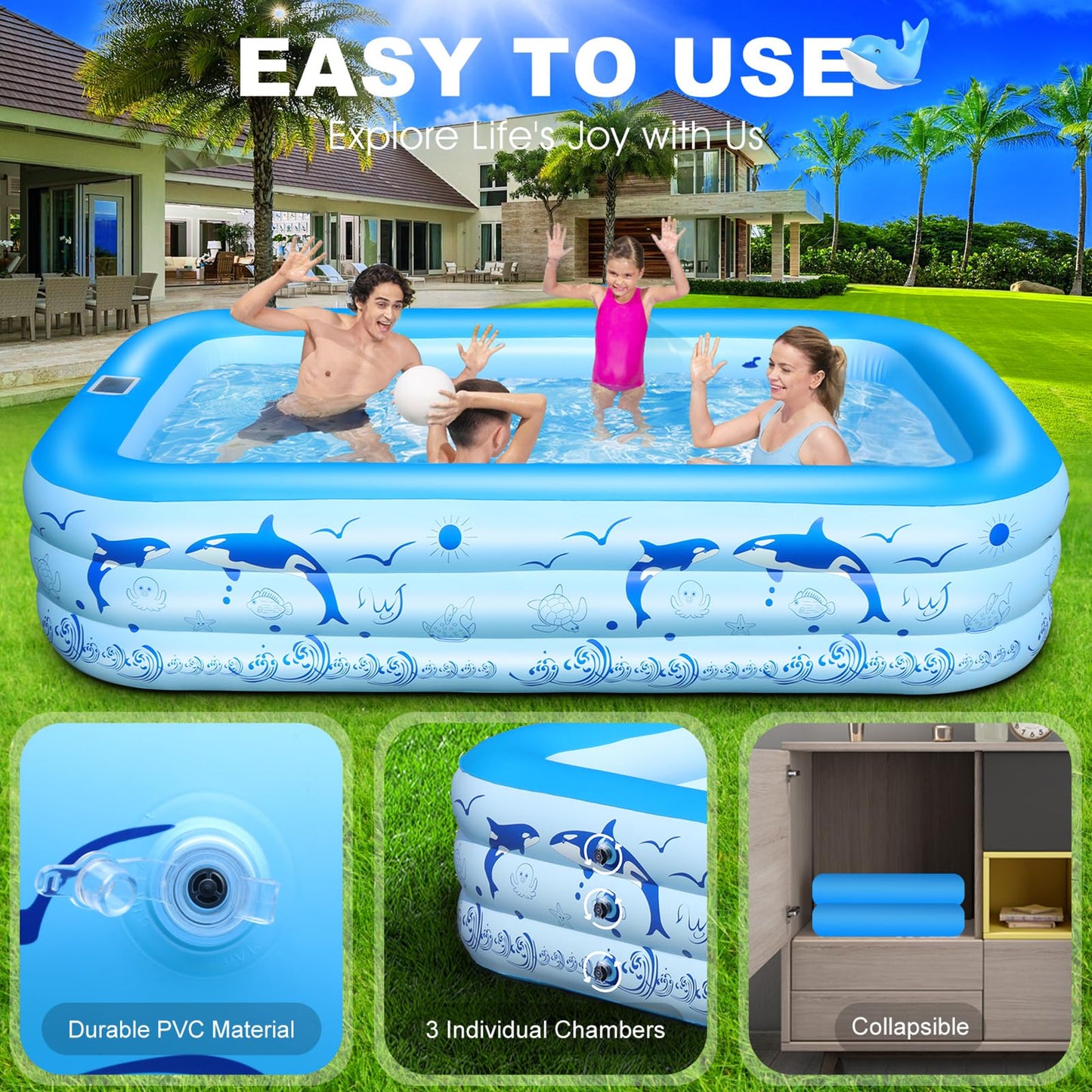 StarOcean 2026 Upgrade Inflatable Pool with Lights, Family Inflatable Swimming Pool for Kids,Adults,Blow Up Pool Solar Powered,Large Kiddie Pool,100"x63"x20"Oversized Thickened Pool for Backyard-Blue