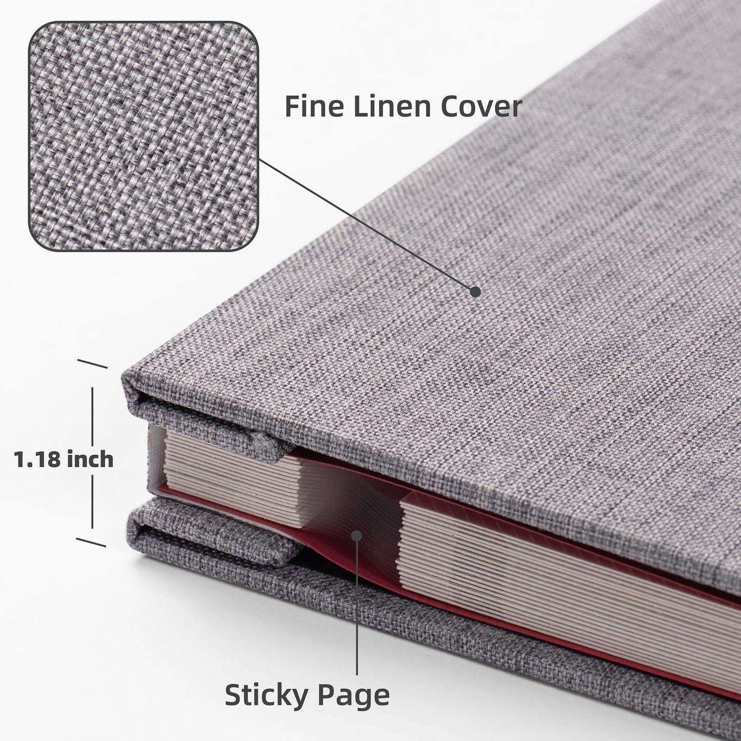 HoneyTolly Large Photo Album Self Adhesive with Picture Display Window, DIY Scrapbook Album for 4x6 8x10 Pictures, 40 Pages Linen Cover Memory Book with Scraper and Metallic Pen(Grey)