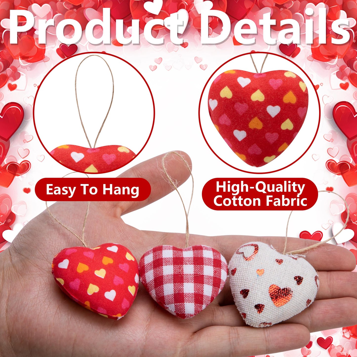 EBaokuup 30 Pcs Valentines Fabric Heart Ornament for Hanging-6 Styles Red Pink Buffalo Plaid Check-Heart-Shaped Hanging Decoration for Valentine's Day Home Decor Wedding Party DIY Crafts