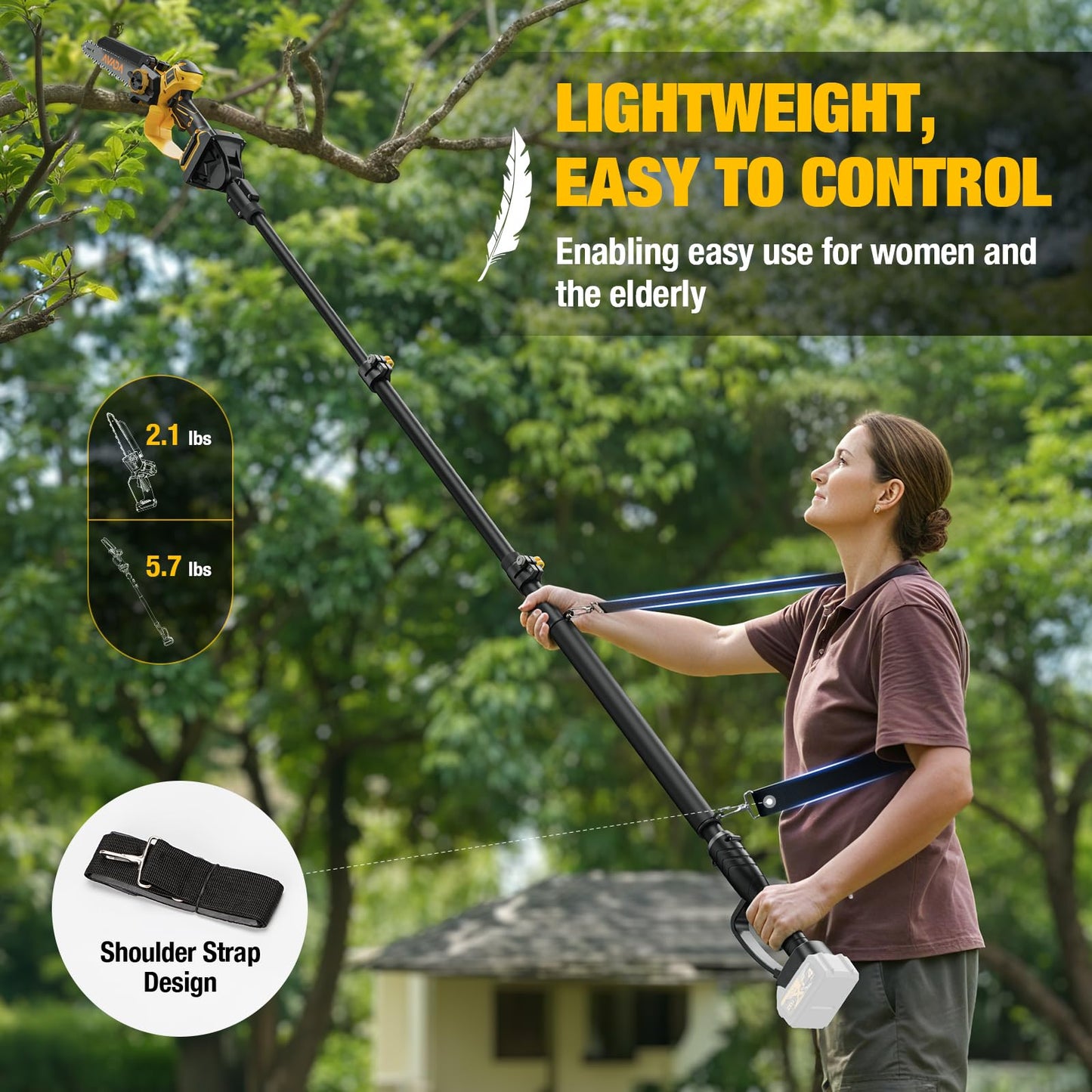 2-IN-1 Cordless 8-Inch Pole Saw & Chainsaw for De-WALT 20V MAX Battery - 1200W Brushless Motor, Total Reach of Max 15.9 FT, Lightweight, 8"&6"Electric Pole Saws for Tree Trimming Pruning (Tool Only)