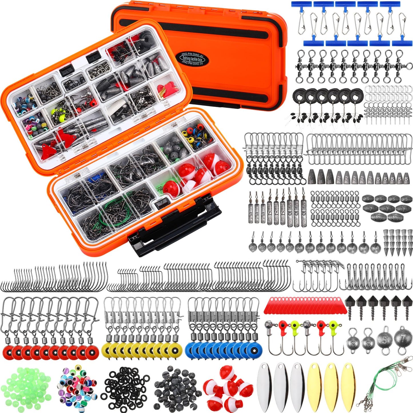 RoundFunny 602 Pcs Fishing Tackle Accessories Kit, Organized Fishing Tackles Box with Tackle Included, Fish Hooks, Weights Sinkers, Swivels, Beads Gear and Equipment Set, Fishings Gift for Men