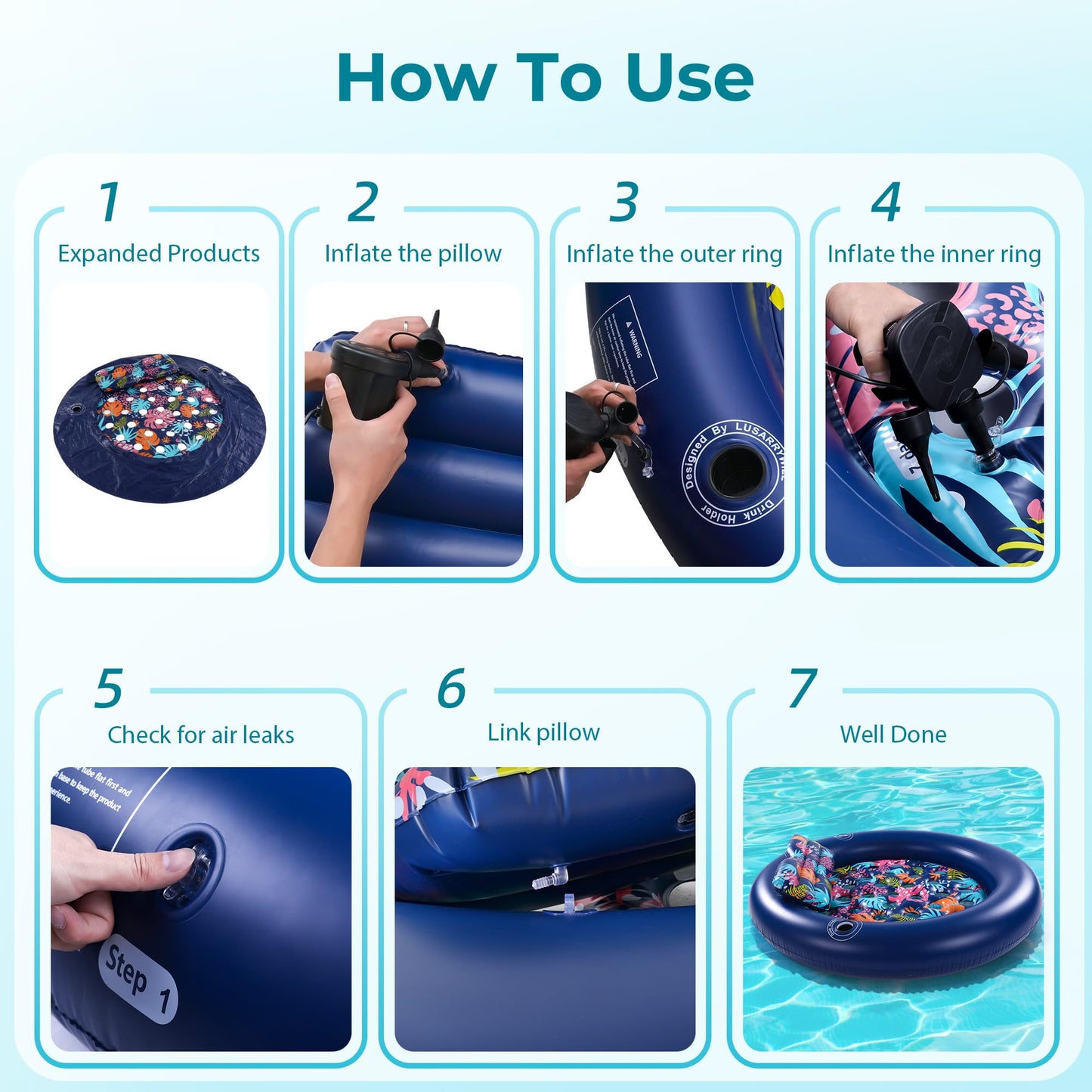 2-Person Pool Floats Adult Heavy Duty, Giant 75"X75" Inflatable Tanning Pool Mats with Cup Holders, Detachable Headrest, Multi-Purpose Water Lounger for Pool Party, Lake, Beach, River, Outdoor