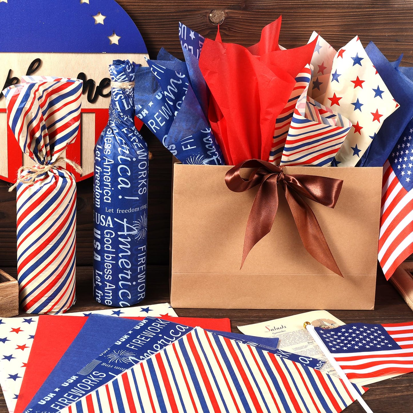 100 Sheet Retro Patriotic Tissue Paper, 5 Styles Stars Stripes Patterns Patriotic Art Tissue Paper for Veterans Day DIY Crafts 4th of July American National Day Party Supplies, 13.8 x 19.7‘’