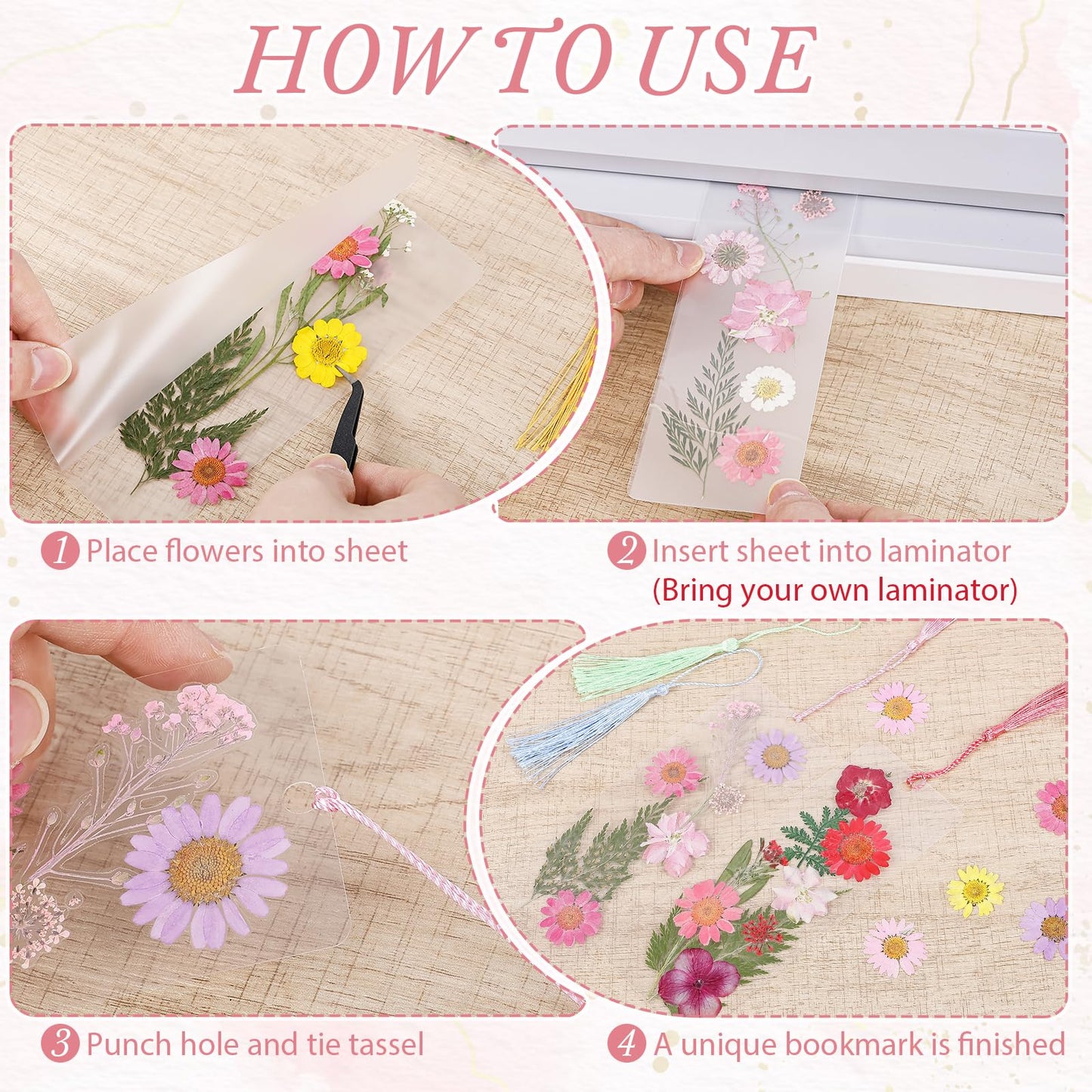 kmfosaat 344 Pcs Pressed Flower Bookmark Making Kit, 50 Laminating Pouches with 242 Dried Flowers, 50 Tassels, Tweezer and Punch, Party DIY Crafts Bookmark for Reading Women Kids