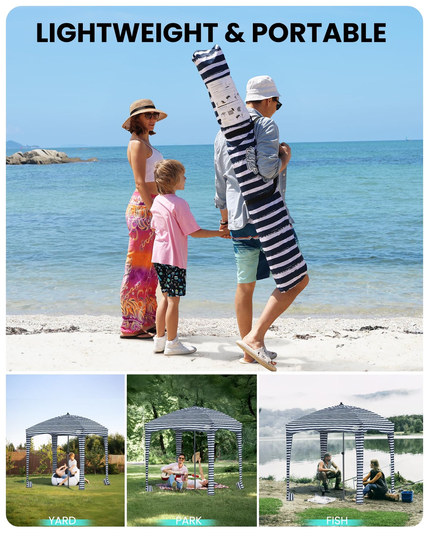 Qipi Beach Cabanas for Sand, Beach Canopy with Sandbags & Side Wall for Family, Easy Set Up Sun Shelter, UPF 50+ UV Protection with Roof Vent 6' x 6' A-Sailor Stripes
