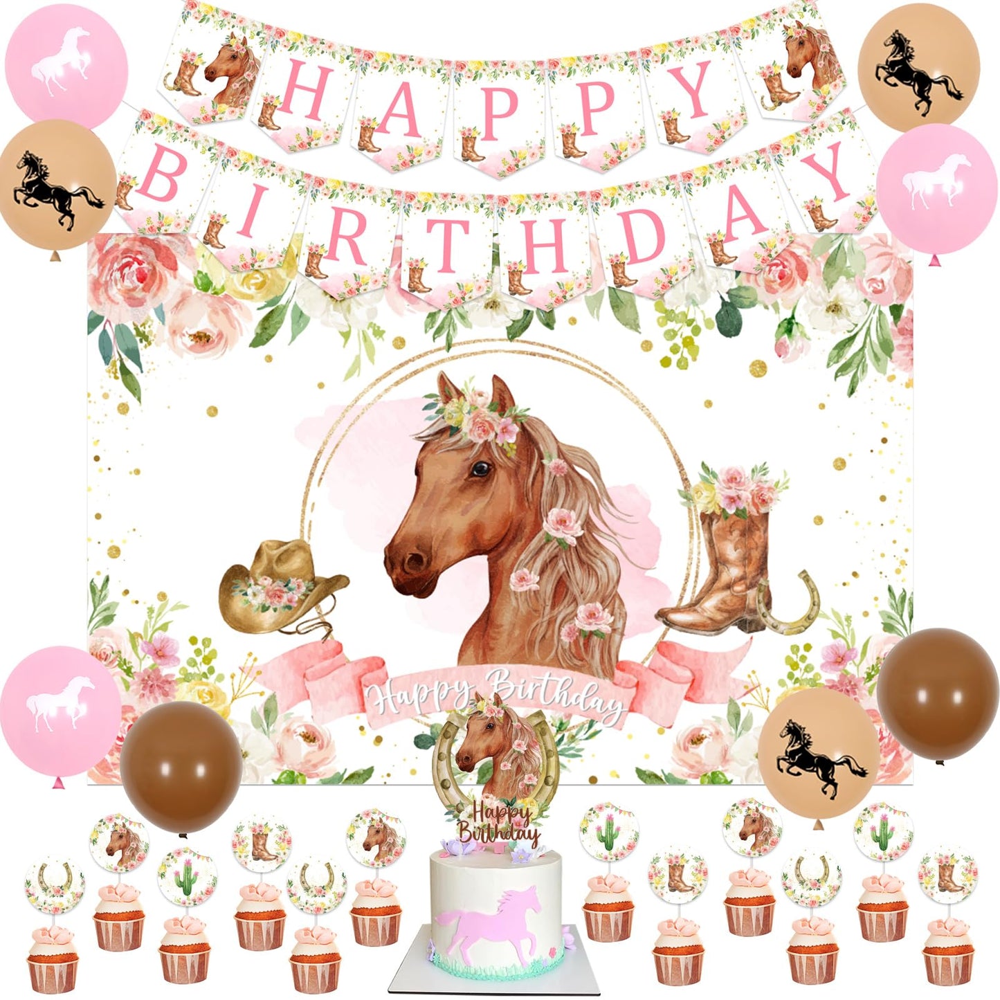 Fangleland Horse Birthday Party Decorations Kit for Girls - Themes Banner & Photo Backdrop, Cake Cupcake toppers, Racing Balloons, Western Cowgirl Happy Supplies