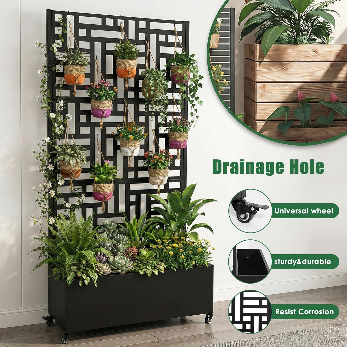 Hubxinly 70.87x35.43x15.75 Inch Metal Planter Box with Trellis and Wheels Privacy Screen Planter with Drainage Holes Outdoor Garden Box for Climbing Plants Vine
