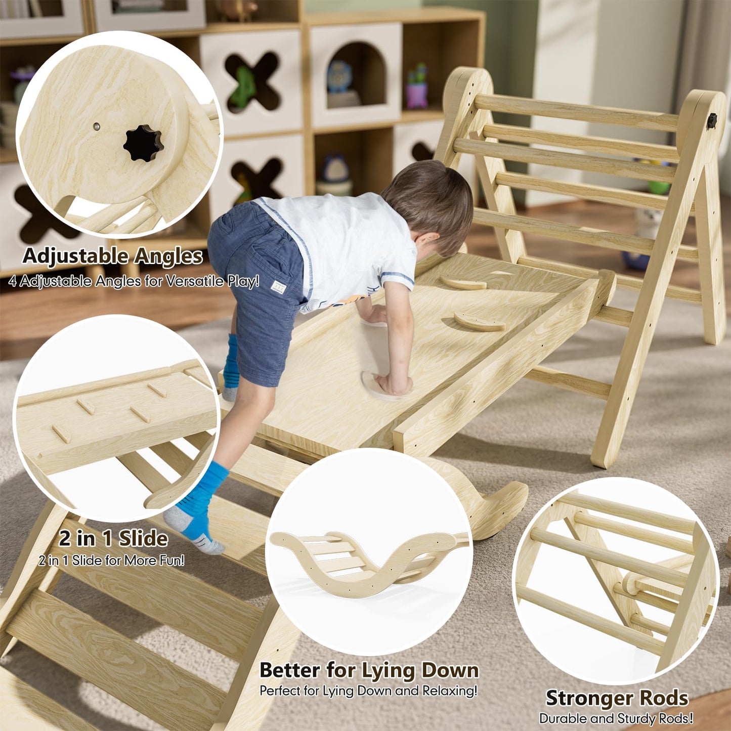 bbgroundgrm Pikler Triangle Set Climber 5 in 1, Toddler Climbing Toys Indoor Folding with Ramp & Arch for Montessori Play Gym for Toddlers and Kids (Natural)(99" Wx21 Dx23 H)