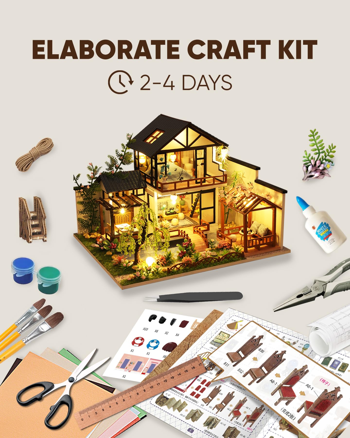 DIY Miniature House Kit, DIY Dollhouse Kit for Adults to Build, Mini House Kit with LED, Model Building Diorama Kits, Ideal Gifts for Birthday, Valentine Christmas(Janpanese House)