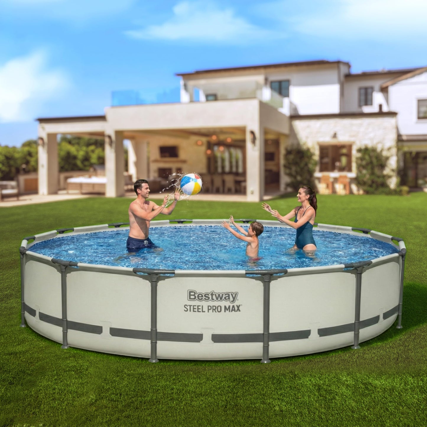 Bestway Steel Pro MAX 14' x 33" Round Above Ground Swimming Pool Set, 530 GPH Filter Pump, Tritech Puncture Resistant Liner, ClickConnect Steel Frame, Gray