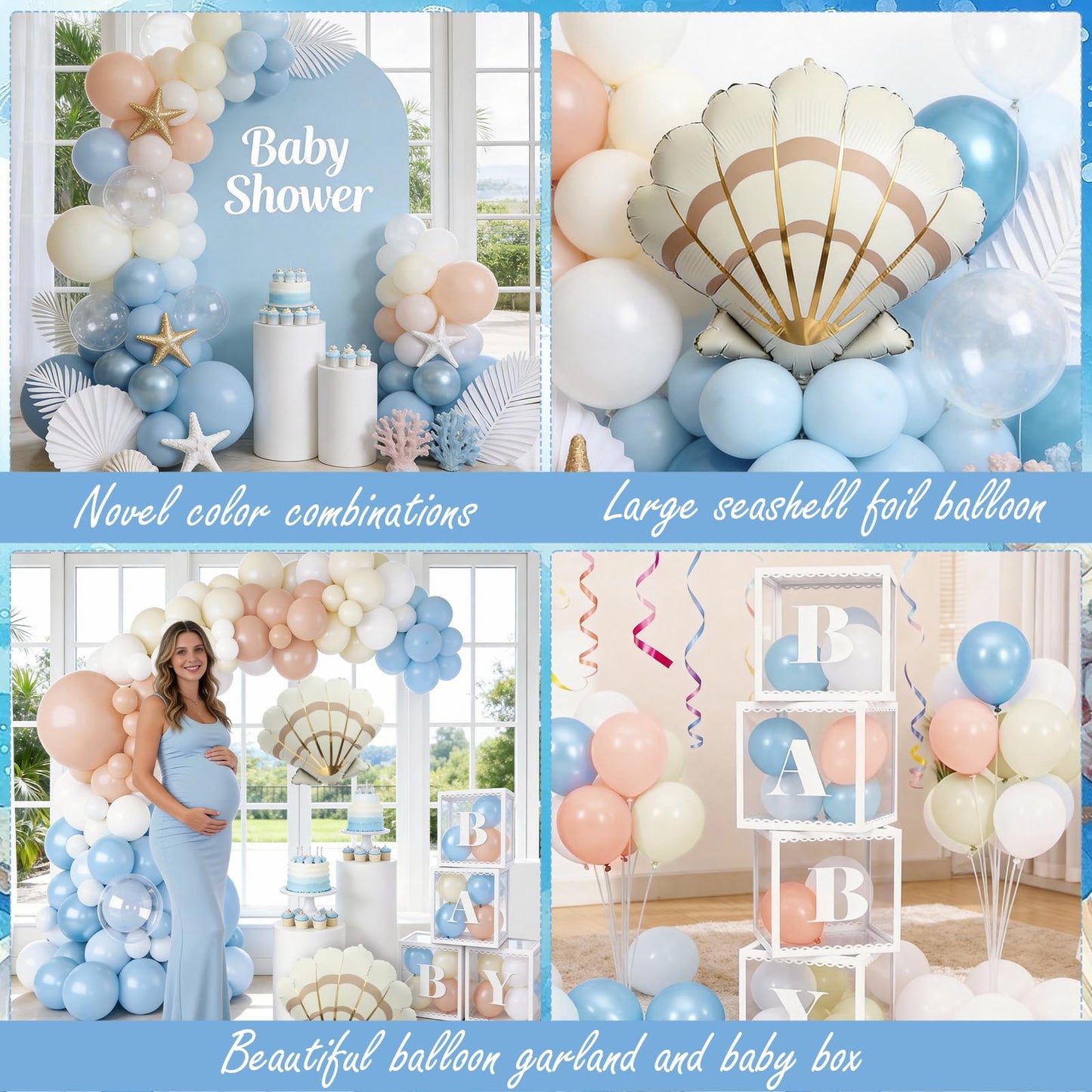 SNLN Under the Sea Baby Shower Decorations, Ocean Themed Birthday Party Decorations, Blue Pastel Orange White Balloon Arch Seashell Foil Balloon Box Sea You Soon Baby Shower Gender Reveal Decoration