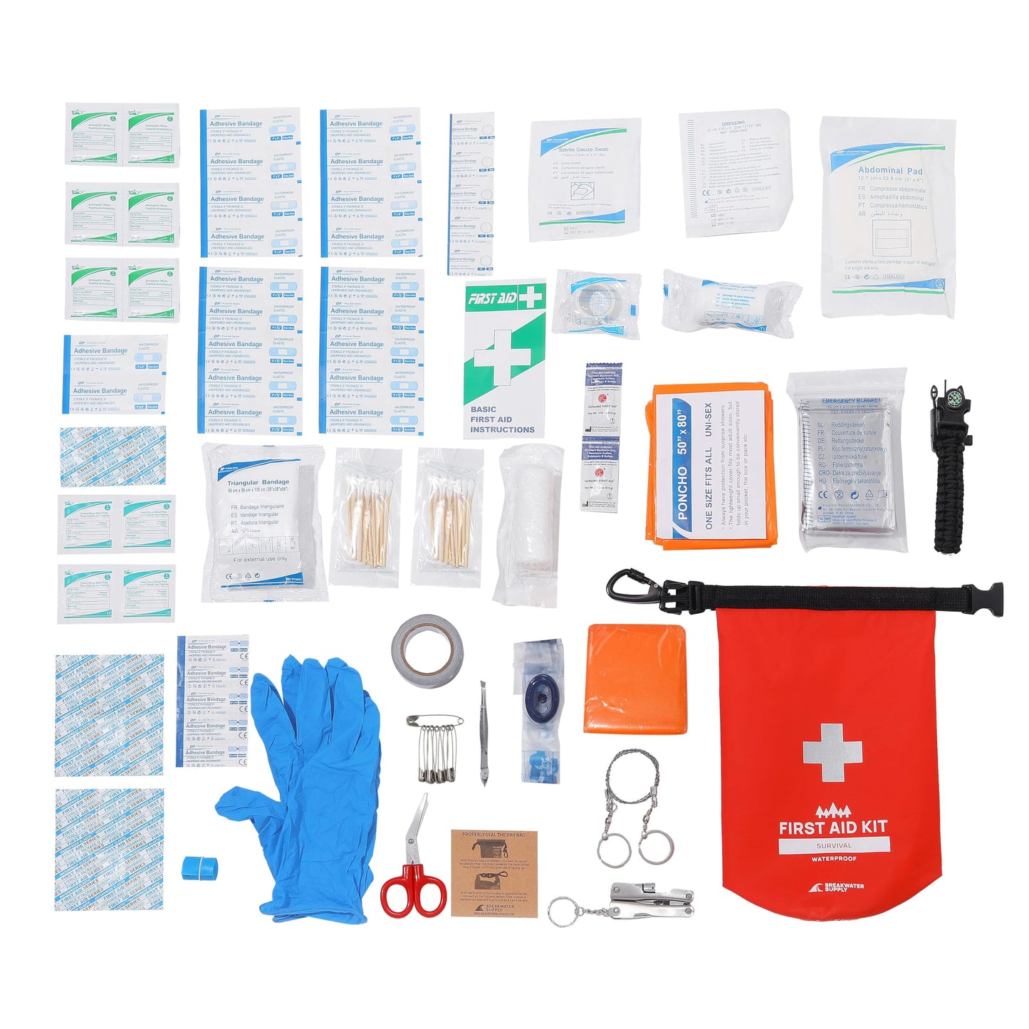 Breakwater Supply™ Waterproof Survival First Aid Kit, 101 Piece AFAK Emergency Supplies in Dry Bag, IFAK Trauma Kit Bug Out Bag for Camping, Hiking, Boating, Fishing, Hunting with Splint (Red)