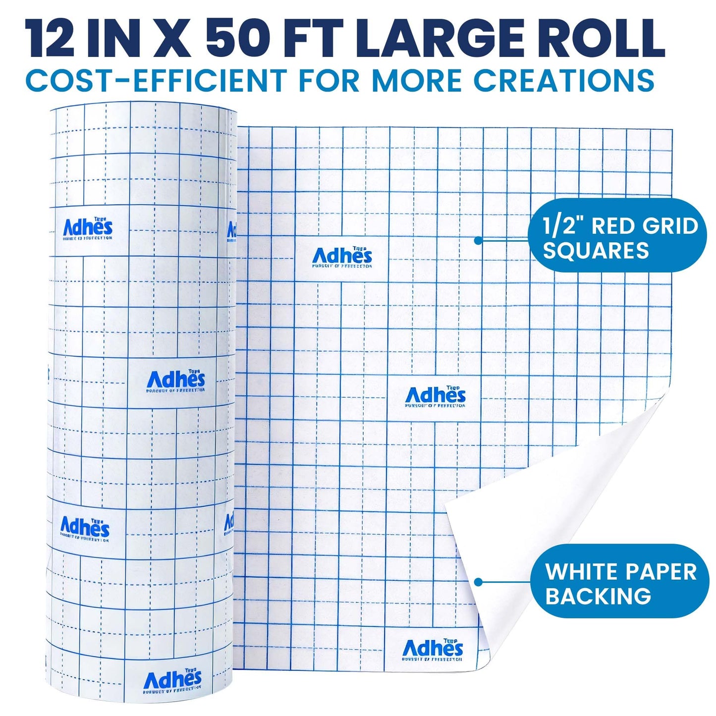 ADHES Clear Transfer Tape for Vinyl with Grid, 12" x 50FT, Medium Tack Transfer Paper Roll, Easy Release Application Tape for Cricut, Silhouette, Decals, Signs & DIY Projects