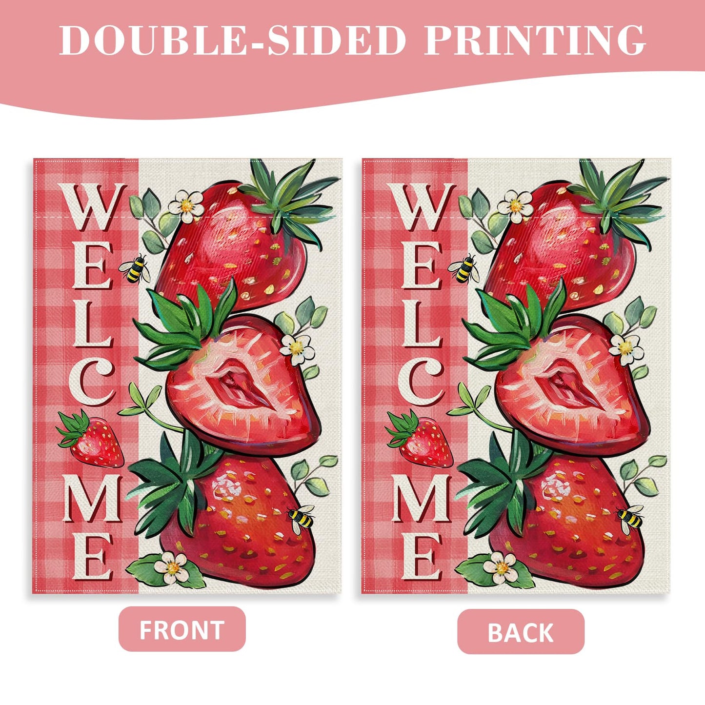 Covido Welcome Spring Summer Strawberry Decorative Garden Flag, Red Fruit Plaid Check Farmhouse Yard Outside Decorations, Seasonal Burlap Outdoor Small Home Decor Double Sided 12 x 18