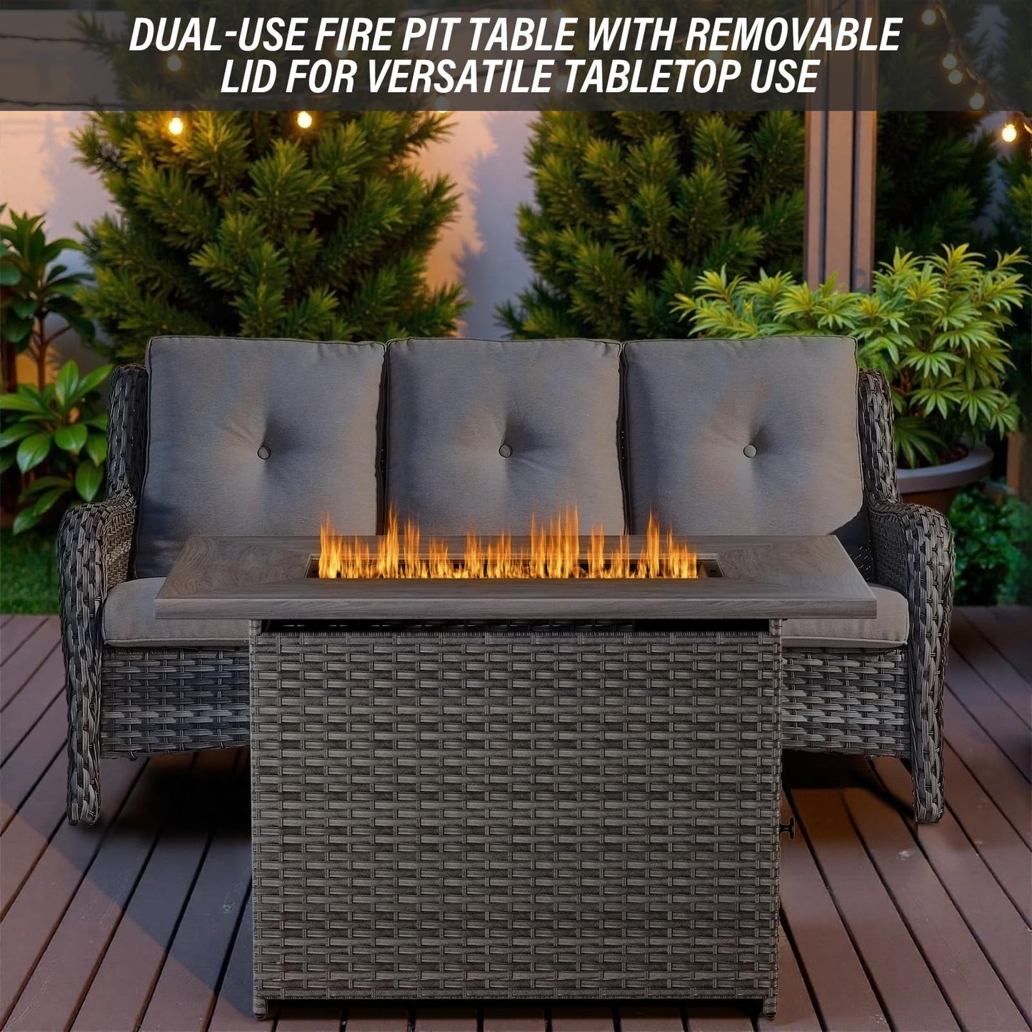 Belord 50000 BTU Propane Fire Pit Table with Lid and Lava Rock, 41 inch Rectangular Outdoor Firepit Wicker Furniture, Fireplace Table Perfect for Relaxed Outside Patio Backyard Ambiance, Gray
