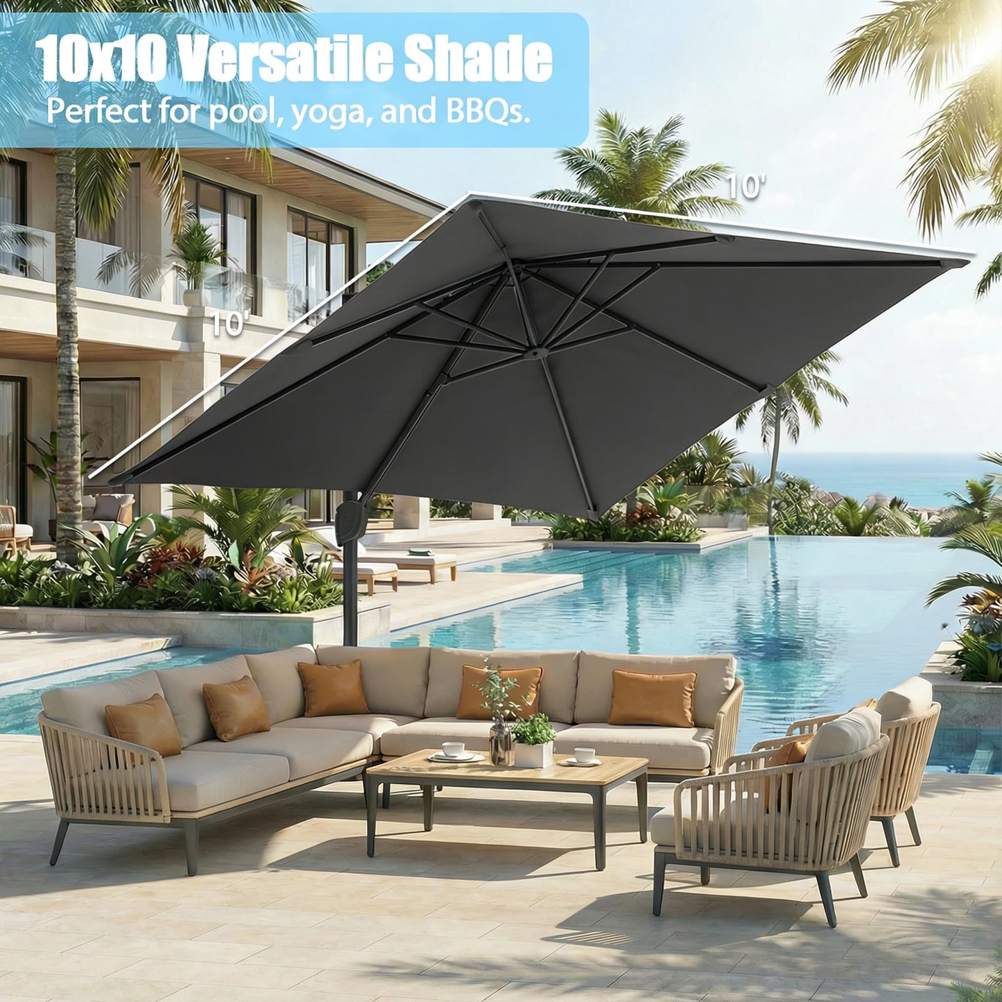 GarveeLife Large Cantilever Patio Umbrella, 10 ft X 10 ft Heavy Duty Aluminum Cantilever Offset Outdoor Umbrella with 360-Degree Rotation for Backyard, Deck, Pool (Grey)