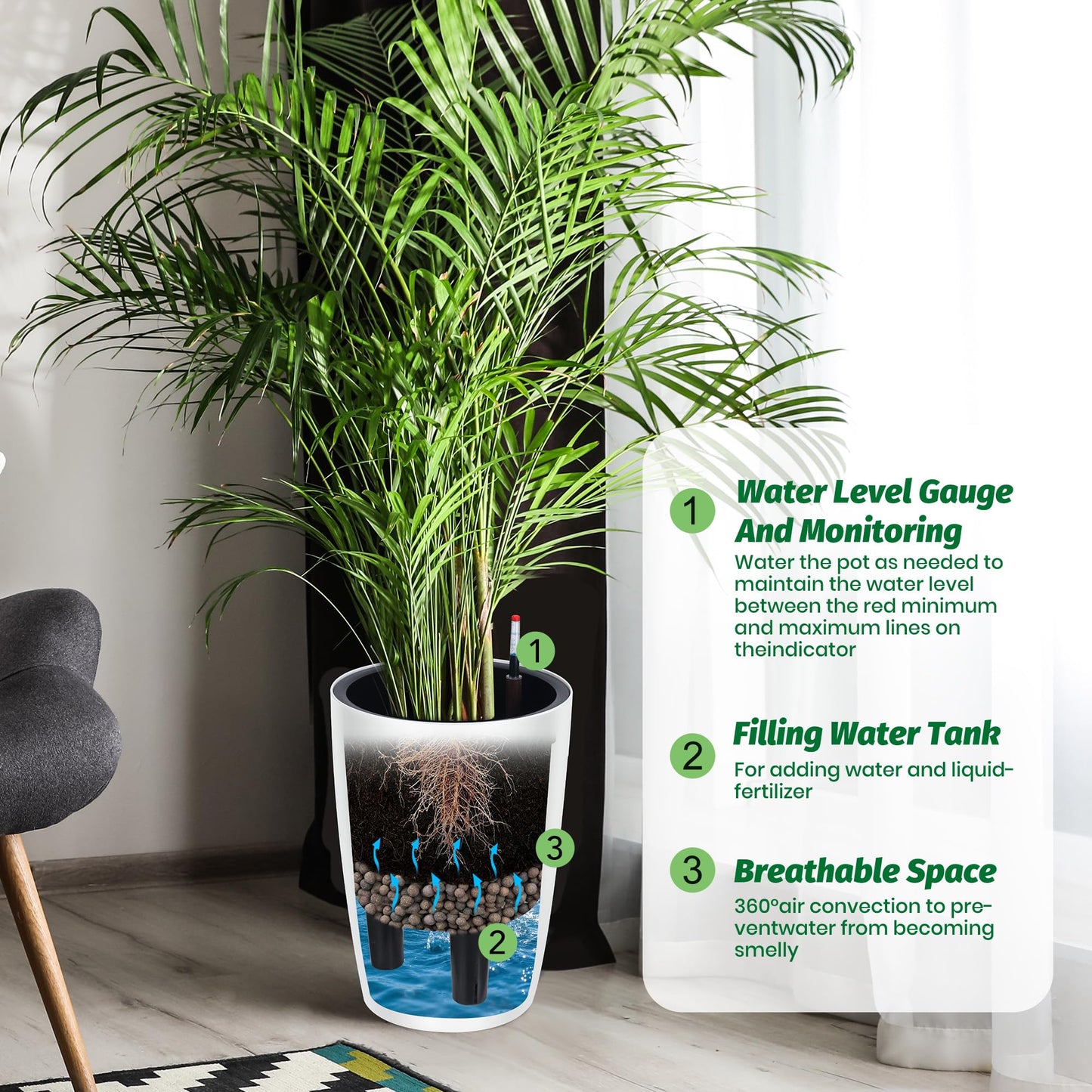 Garvee Tall Planters for Outdoor Plants, 16 in Large Planters Set of 2, Outdoor & Indoor Planters with Water Level Monitor ＆ Inner Bucket, Automatic Watering, for Porch, Patio, Backyard, White