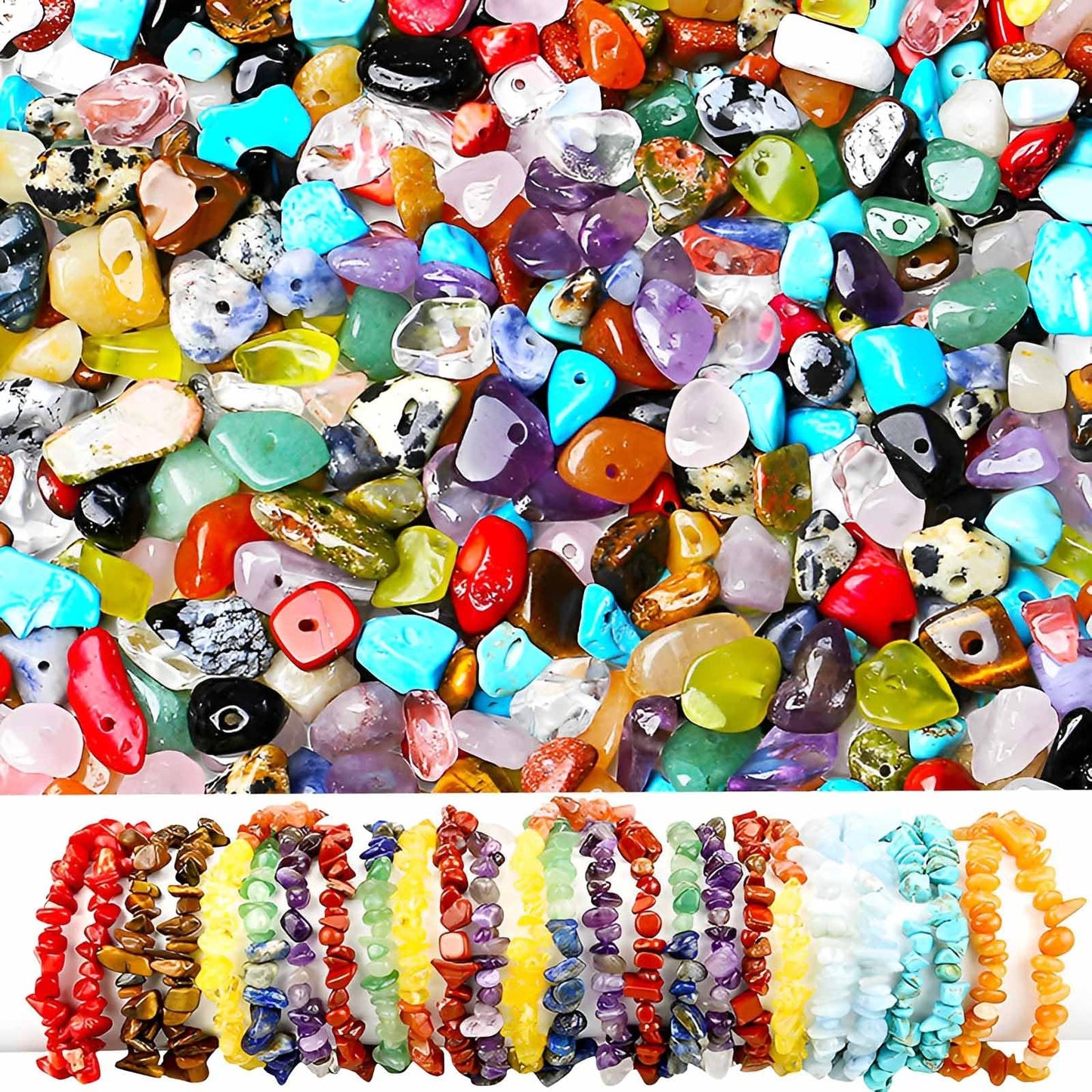 200pcs Natural Chip Stone Beads Gemstone Healing Crystal Loose Rocks Bead Irregular Glass Seed Charm Beads Drilled DIY for Jewelry Bracelet Necklace Earrings Christmas Making Crafting Supplies (5-8mm)