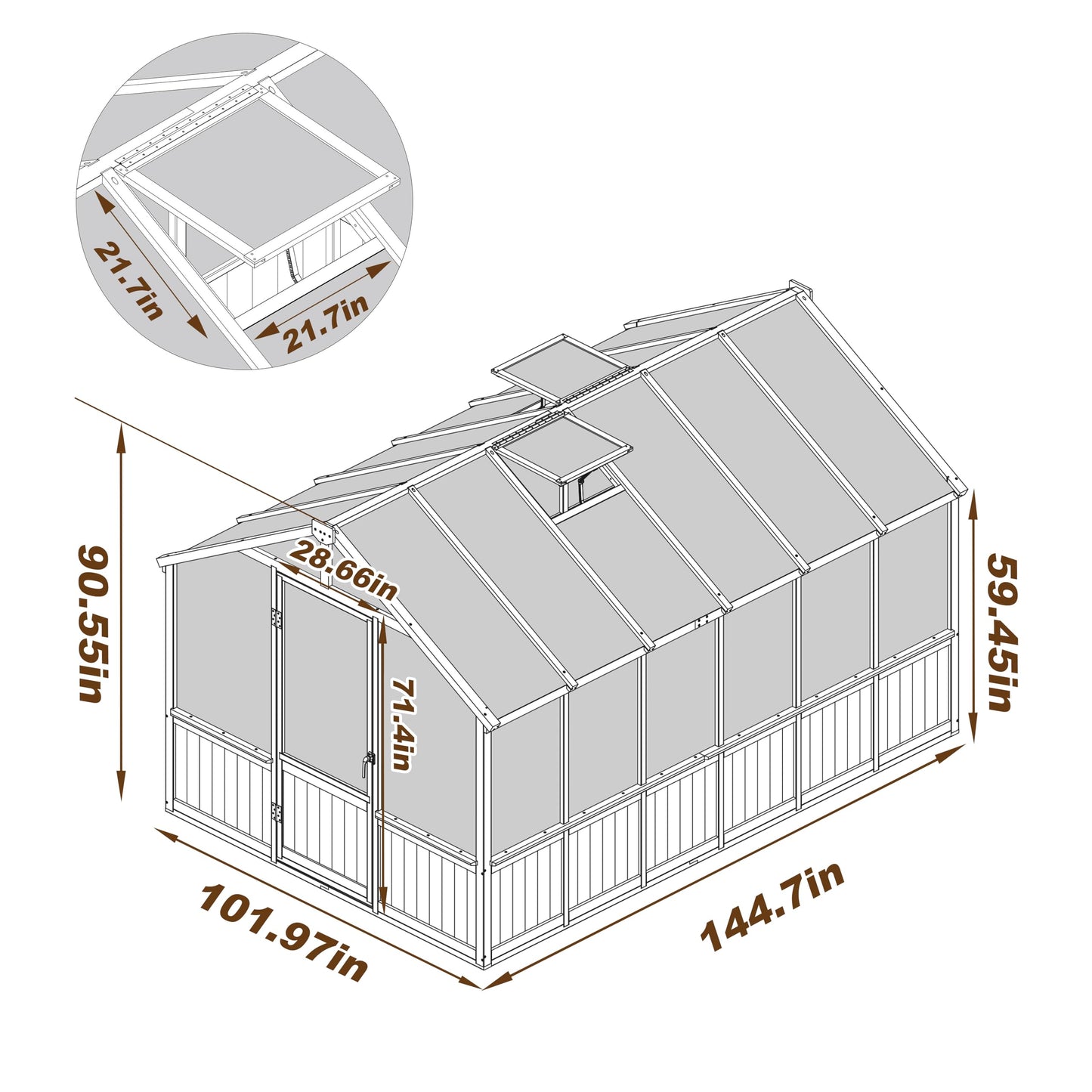 Yardenaler 8x12 FT Greenhouse Kit with 6MM Thick Polycarbonate Panel for Outdoor, Wooden Walk-in Green House with Adjustable Roof Vent and Lockable Door, Backyard, Garden, Light Mocha Brown