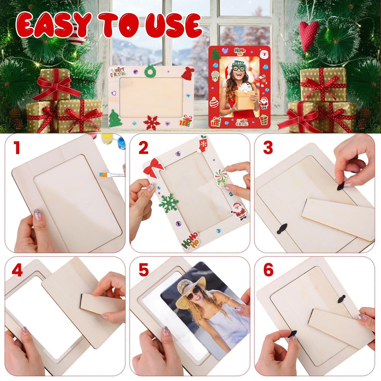 Fovths 36 Packs Christmas Picture Frame Painting Craft Kit Wooden DIY Photo Frame with 250 Foam Stickers Brushes Set Holiday Art Party Favor DIY Paint and Decorate