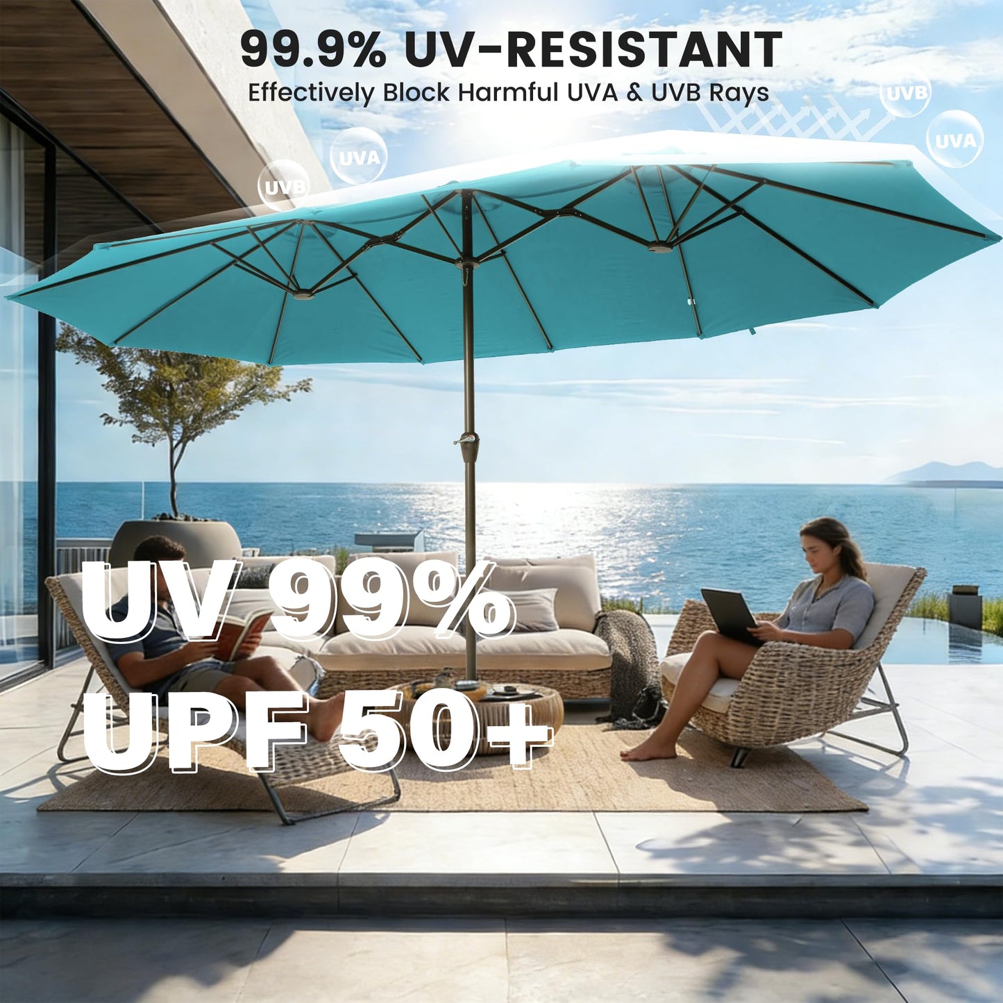 Ayge 15FT Patio Umbrella with Base,Large Outdoor Double-Sided Rectangle Umbrella with Crank Handle, Market Umbrella for Poolside Garden Deck Backyard Beach Pools,Light Blue