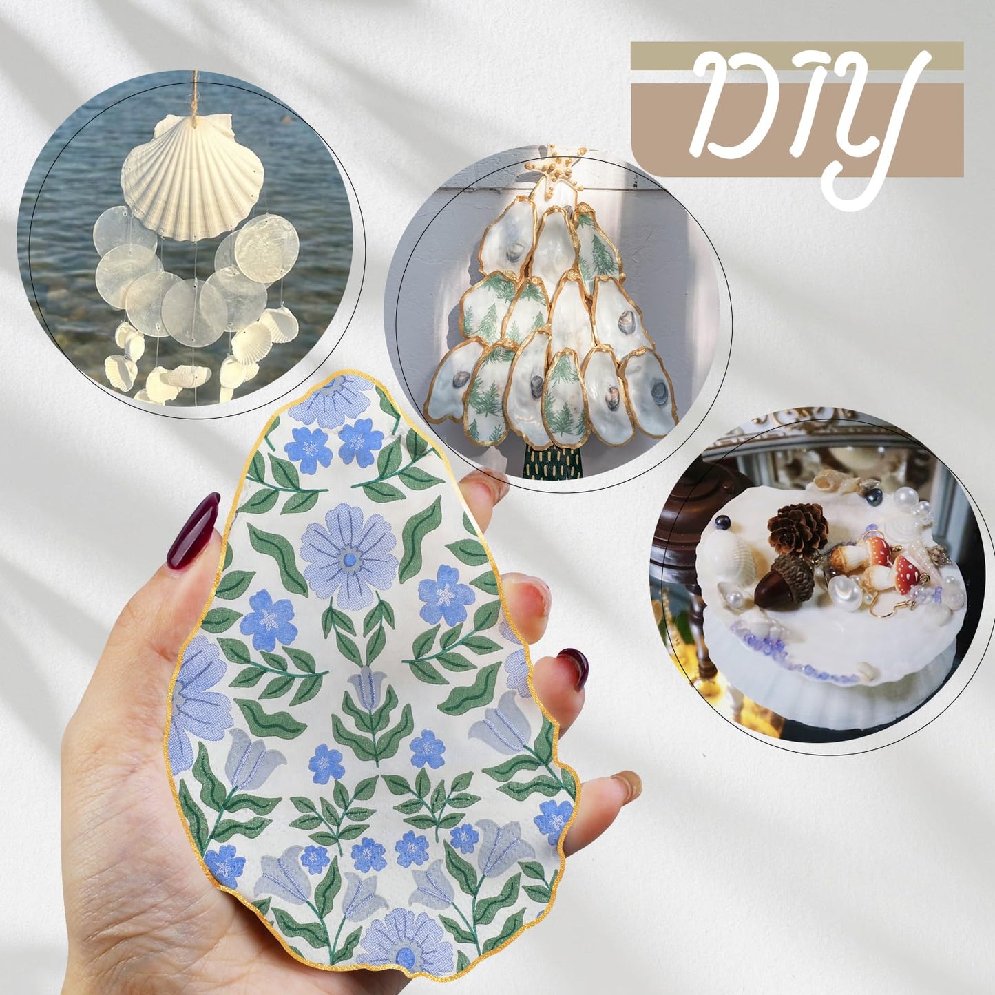 Fangoo 4-5'' 16Pcs Large Natural White Oyster Shells for Crafts 32Pcs Decoupage Paper Napkin Acrylic Paint Brush White Natural Sea Shells for Crafting Christmas Holiday Ornaments Jewelry Tray Decor
