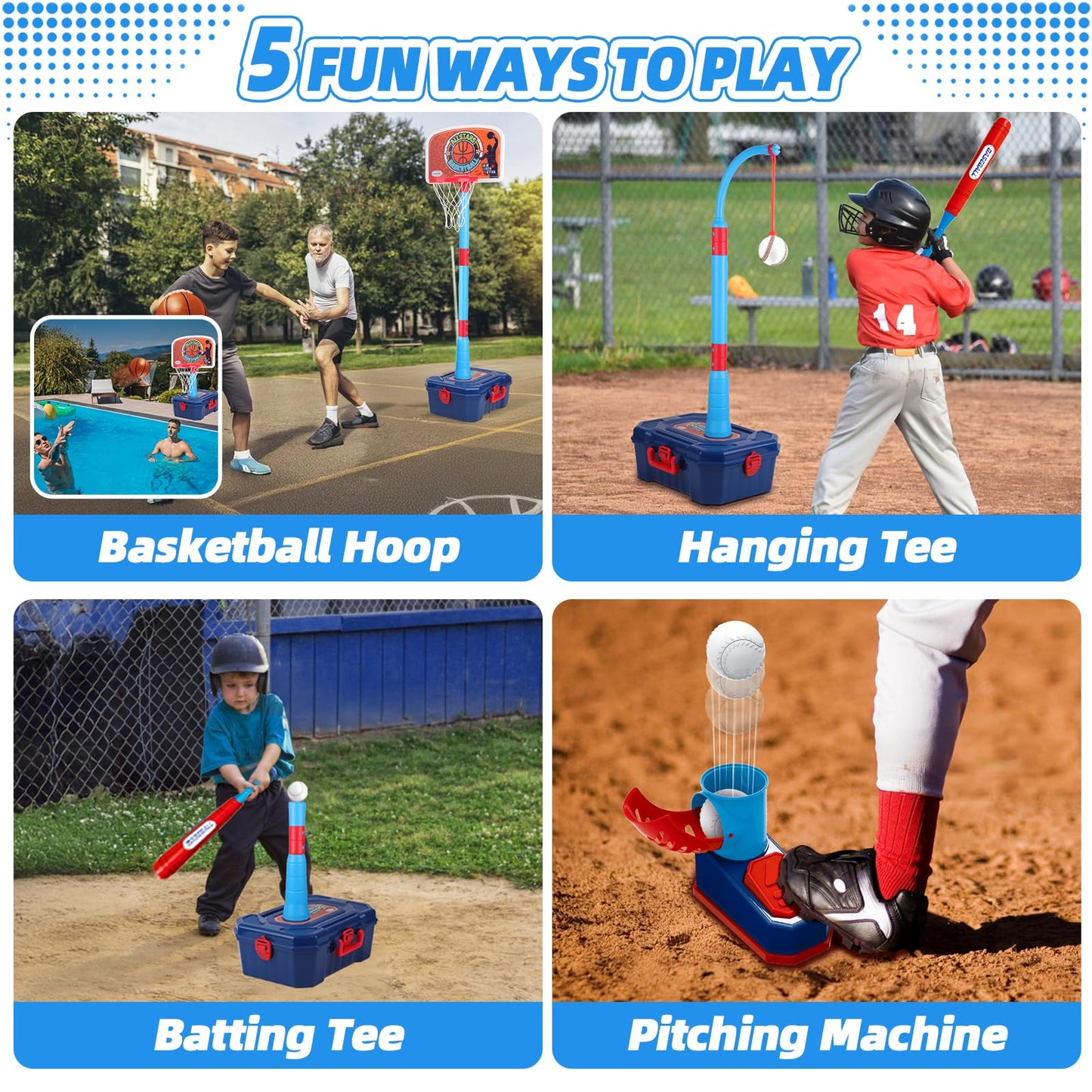 4 in 1 Basketball Hoop for Kids 1-3, 3-5, Toddler Basketball Goal and T Ball Set, Adjustable Basketball Hoop, Indoor Outdoor Sports Toys, Birthday Gifts for Kids Boys 1 2 3 4 5 Years Old