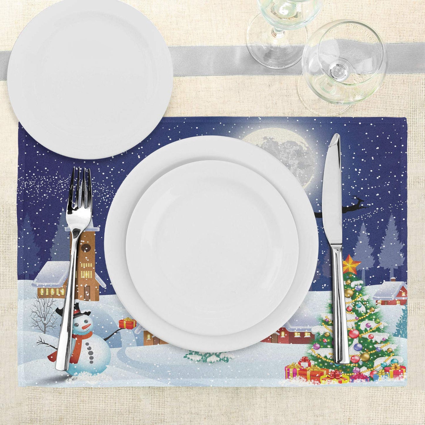 Ambesonne Christmas Place Mats Set of 4, Winter Season Snowman Xmas Tree Santa Sleigh Moon Present Boxes Snow and Stars, Washable Fabric Placemats for Dining Table, Standard Size, White Blue