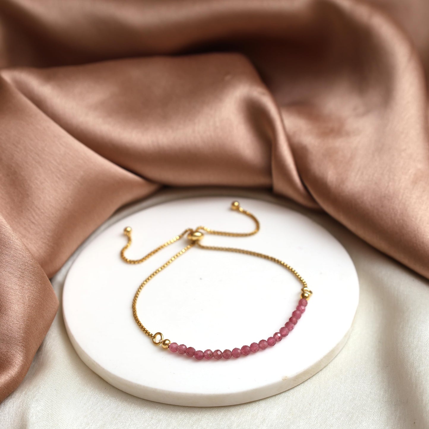 Gempires Birthstone Bracelet, Pink Tourmaline Beaded Bracelet, October Birthstone Jewelry, Bolo Beads Bracelet, Gift for Her, 14k Gold Plated Chain (6-9 inch Adjustable Length)