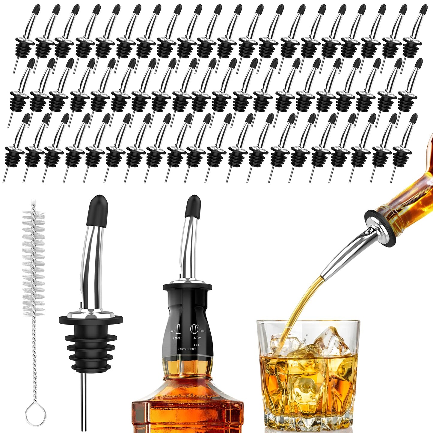 60-Pack Stainless Steel Pour Spouts for Liquor Bottles Oil Vinegar and Wine,Liquor Bottle Pourers with Rubber Dust Caps,Bar accessories,Pourers for Bartending