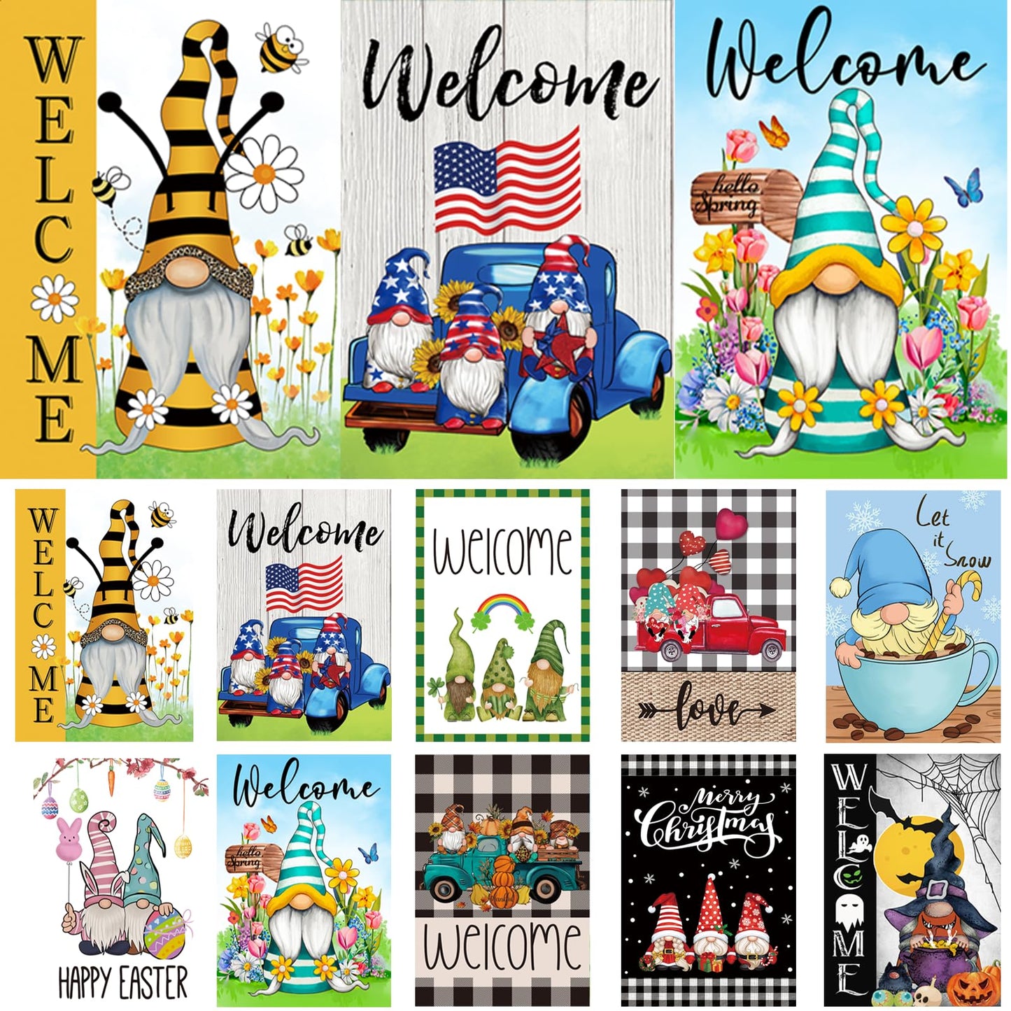 Set of 10 Gnome Seasonal Garden Flags,Double Sided 12 x 18 Inch Yard Flags, Small Garden Flags for Outside, Spring 4th of July Easter Seasonal Flags for Outdoor, Holiday Garden Flags for All Seasons