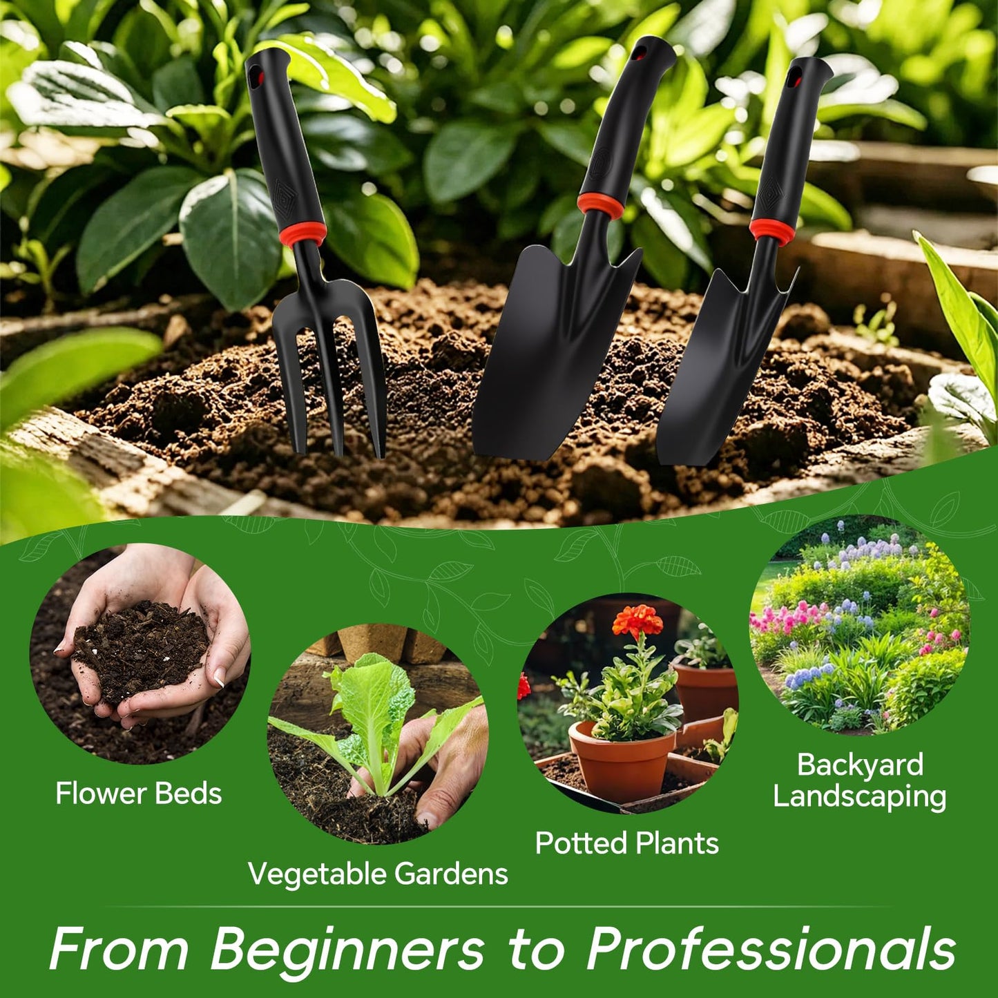 Vinid 4-Piece Heavy-Duty Garden Tool Set, Wide & Narrow Trowel, Root Remover, 3-Tine Cultivator, Hand Rake with Soft Rubber Non-Slip Handle, Idea Gift for Women, Mother