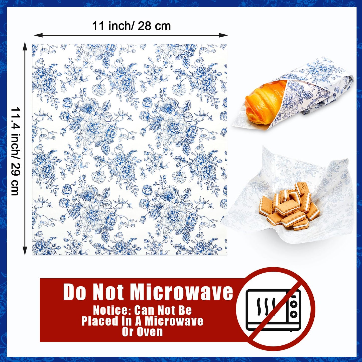 Marspark 100 Sheets Blue Floral Wax Paper for Food Wrapping 11.4 x 11 Inches Spring Floral Food Basket Parchment Paper for Picnic Wedding Candy Cookies Baking Sandwich Burgers Greaseproof Wrapping