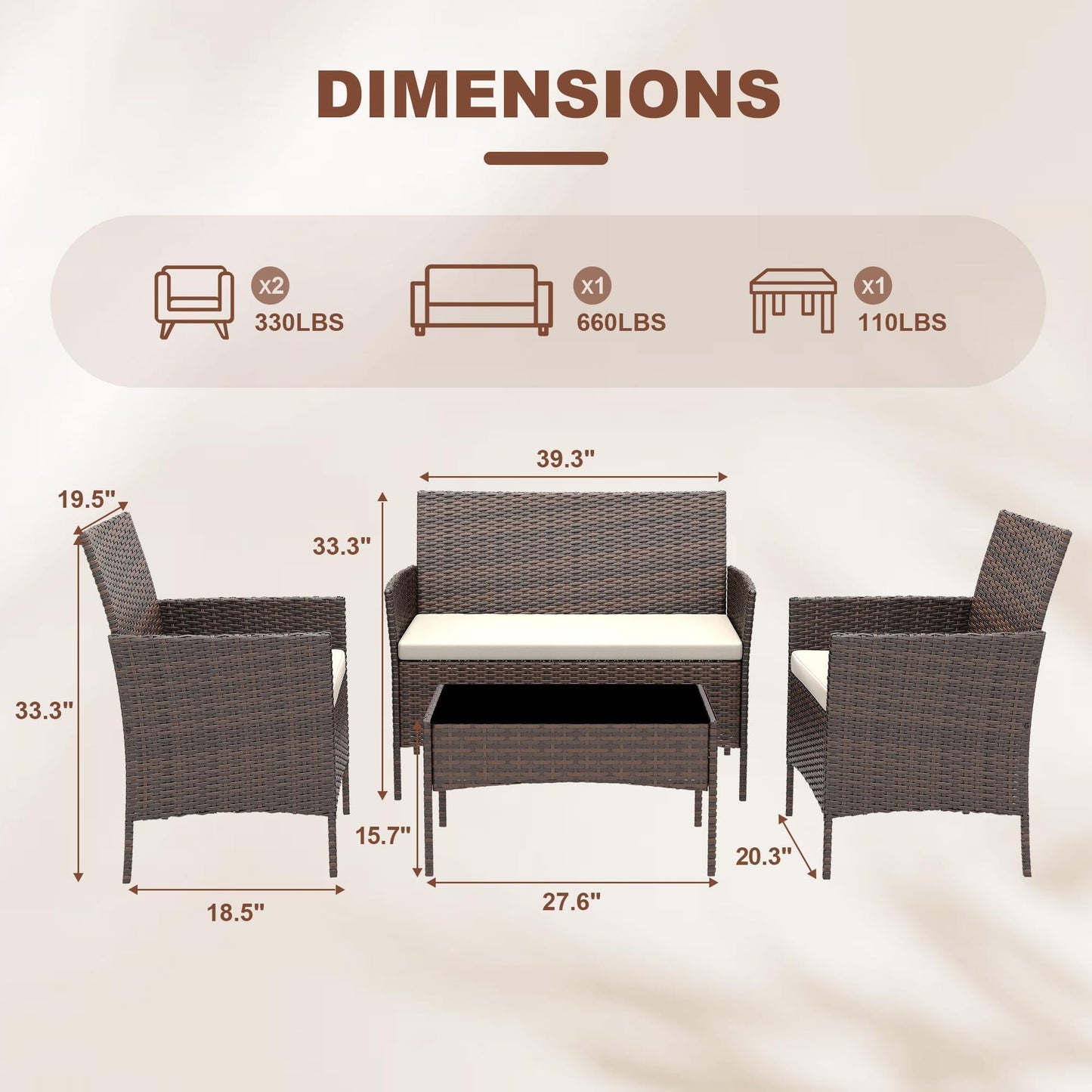 GarveeLife 4-Piece Patio Furniture Set, Rattan Outdoor Furniture with Upholstered Sofa, 2 Chairs & Coffee Table, Modern Conversation Bistro Set for Garden Backyard Porch (Gradient Brown and Beige)