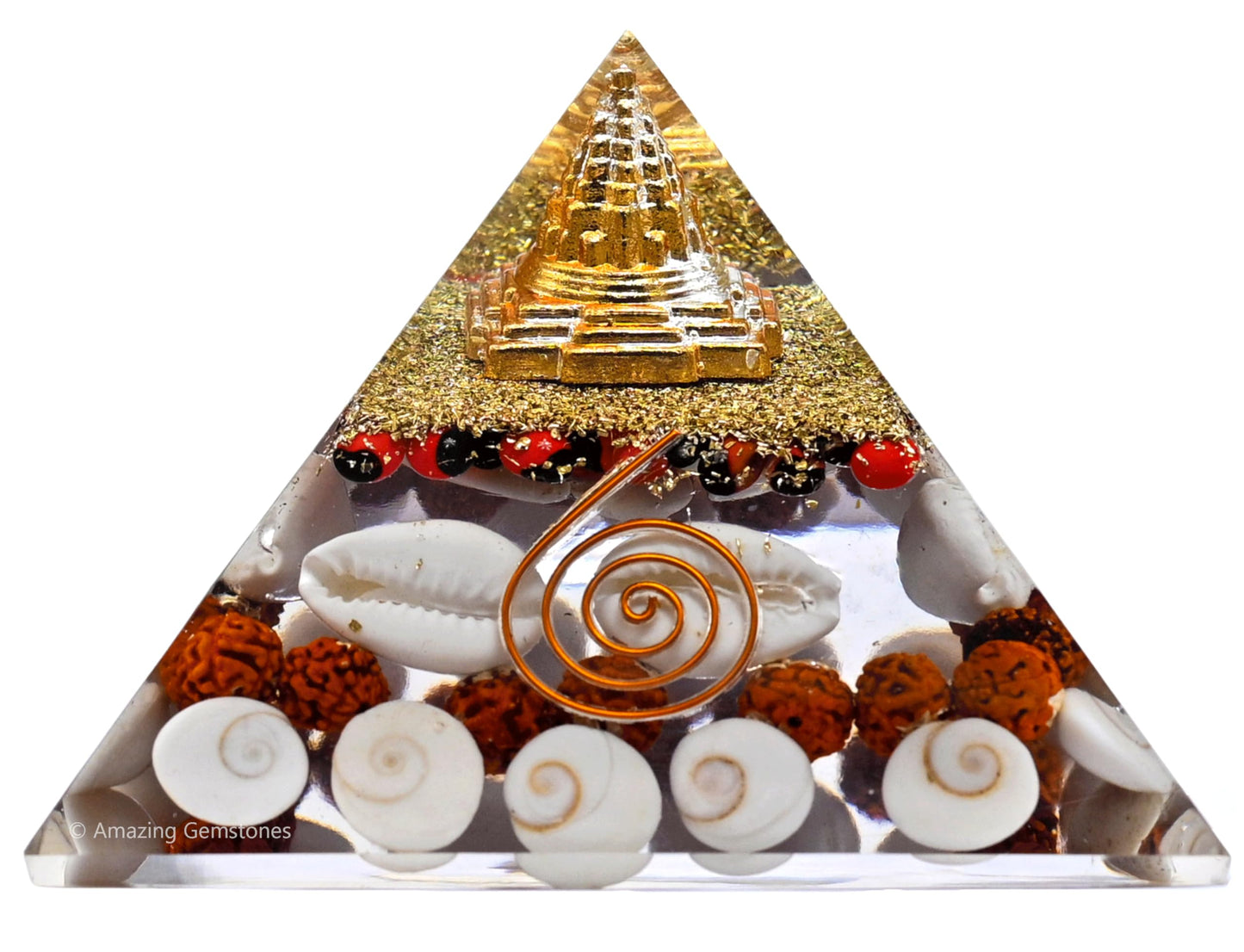 Amazing Gemstone Laxmi Yantra Orgone Pyramid Gomati Chakra, Rudraksha, Cowrie Kodi Maha Laxmi Pyramid Crystals and Healing Stones - Authentic Orgonite & Organite Gifts for Home Vastu Stone