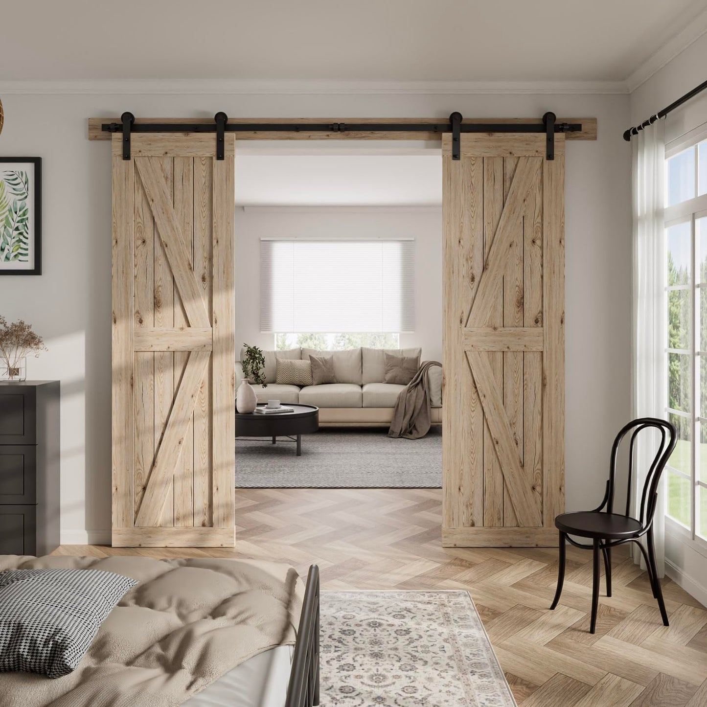 CCJH 20FT/236“ Sliding Barn Door Hardware Kit, Heavy Duty, Smoothly and Silently, Easy to Install, Fit 60" Width Double Door Panel, I Shaped Hangers Black