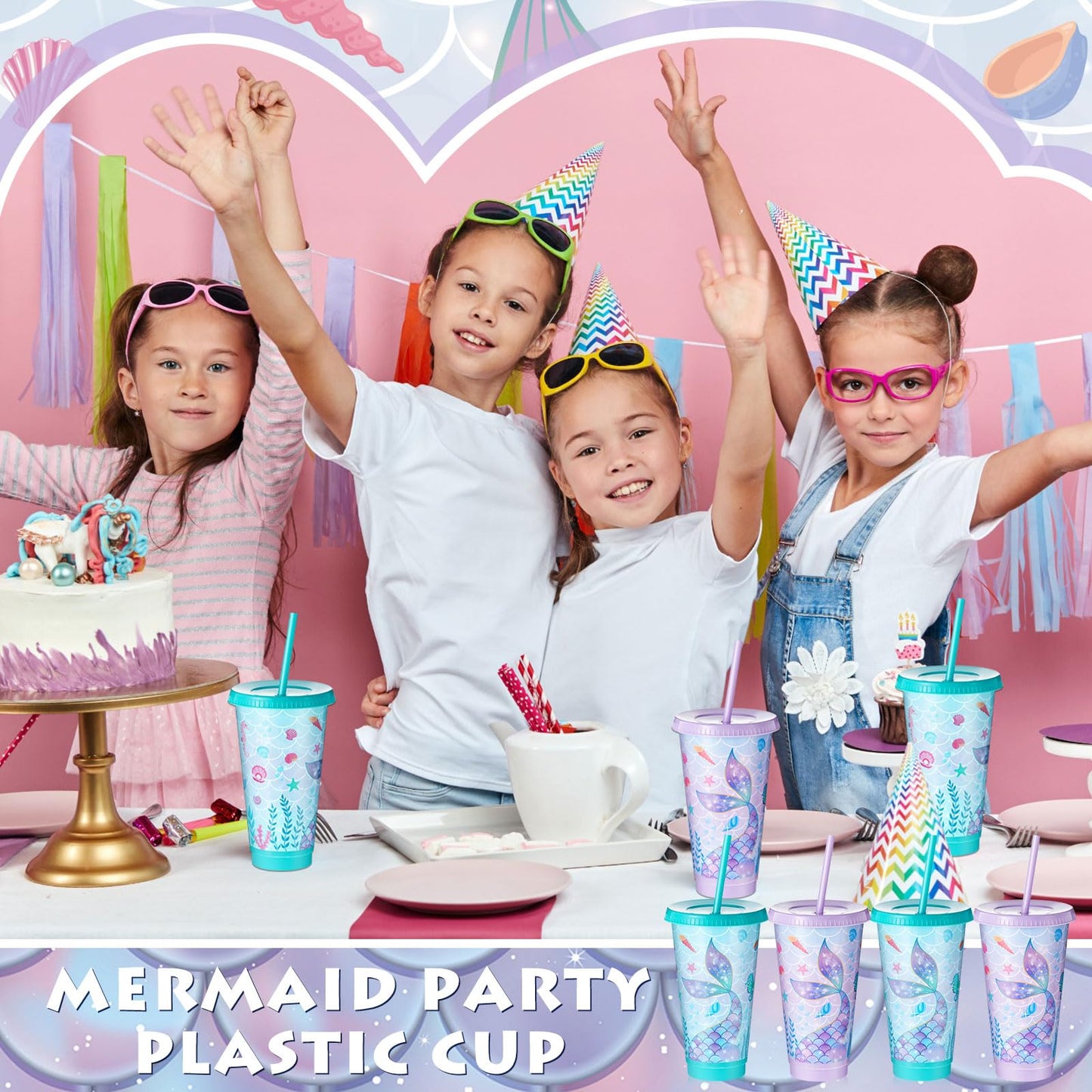 Uiifan 24 Pcs Mermaid Party Cups with Lid and Straw 24oz Mermaid Birthday Decorations Tail Shell Starfish Reusable Cup for Birthday Baby Shower Ocean Party Supplies