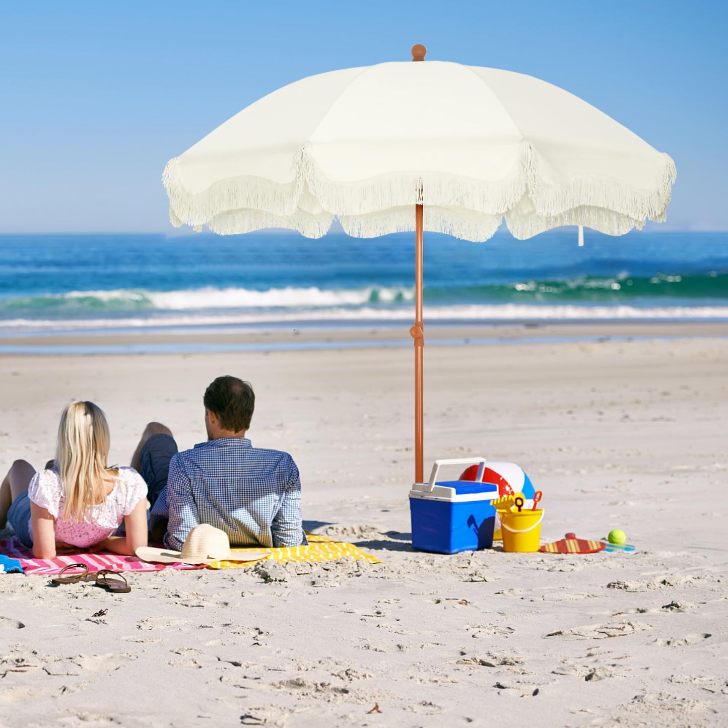 MFSTUDIO 7ft Patio Beach Umbrella with Fringe, Tassel Umbrellas UPF50+ with Sand Anchor & Tilt Button, Holiday Outdoor Umbrella with Carry Bag, Ideal for Garden Lawn Poolside, Ivory