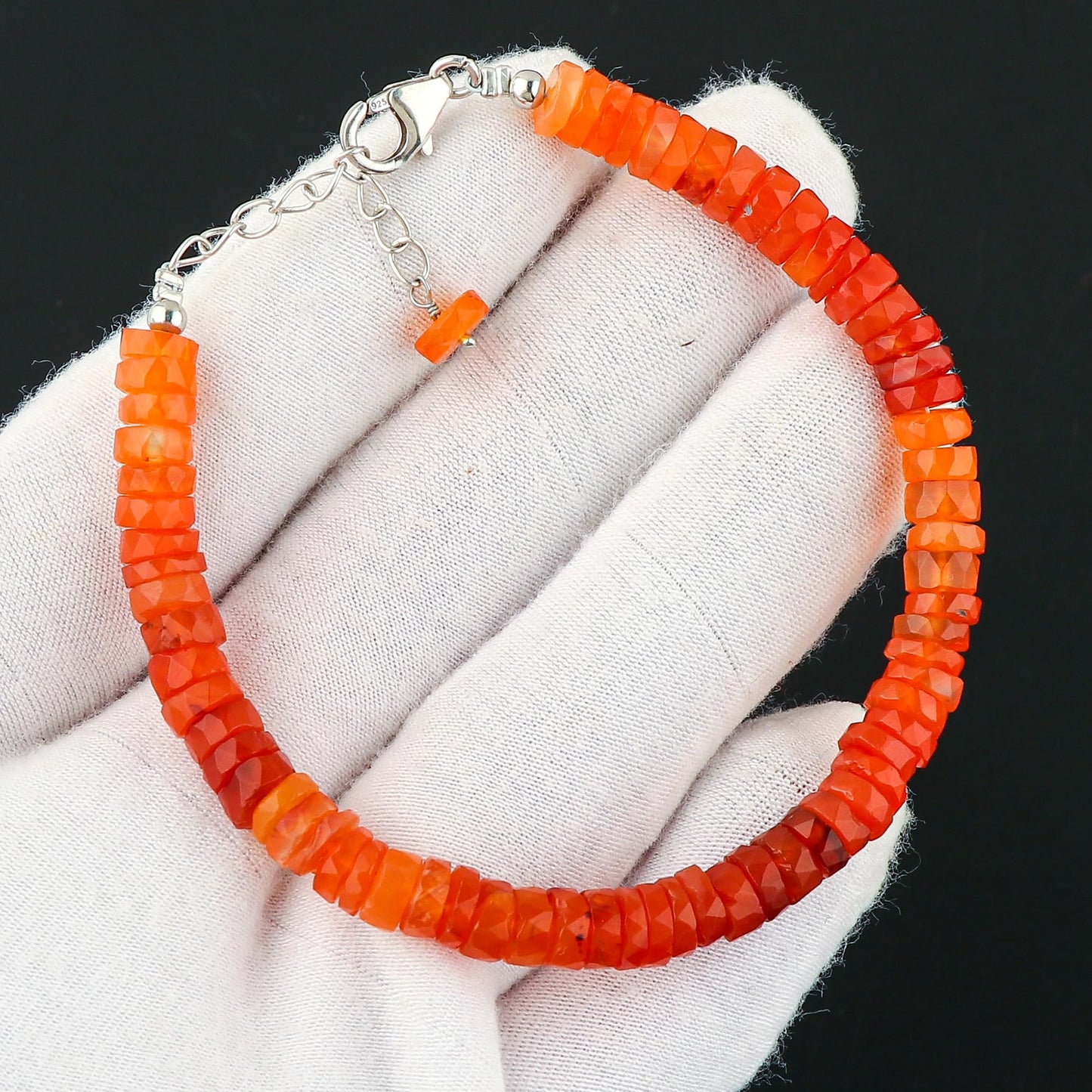 CRYSTALIS Natural Carnelian Beaded Bracelet, Facet Wheels, Elegant Beads Crystal, Chakra Bracelet, Healing Bracelet, Gemstone Jewelry, 925 Sterling Silver 8 inch