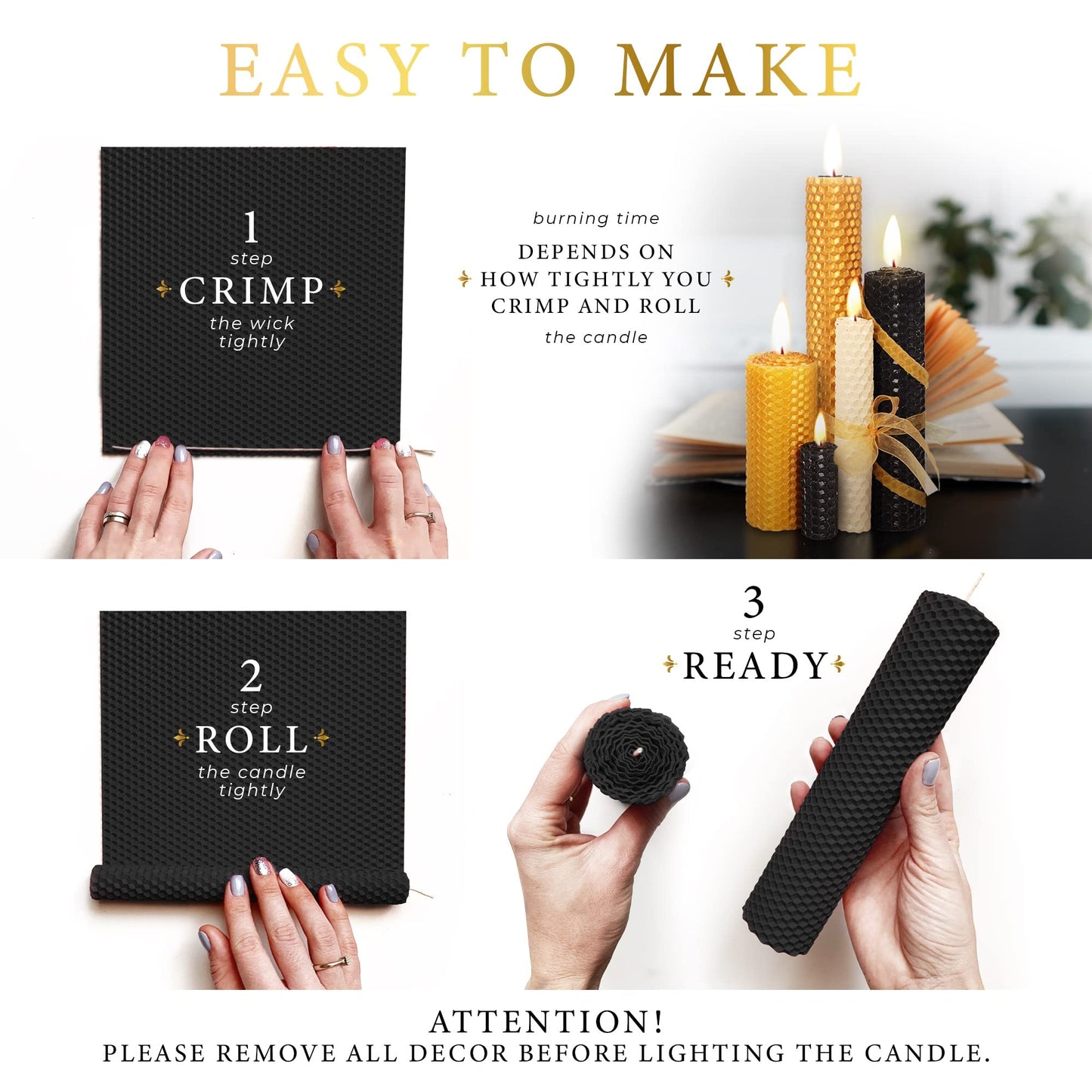 Beeswax Candle Making Kit - Crafts for Adults Women Luxury Candles Gifts for Women DIY Kits for Adult Arts and Crafts Modern Art Supplies Craft Set Black & Gold Home Decor
