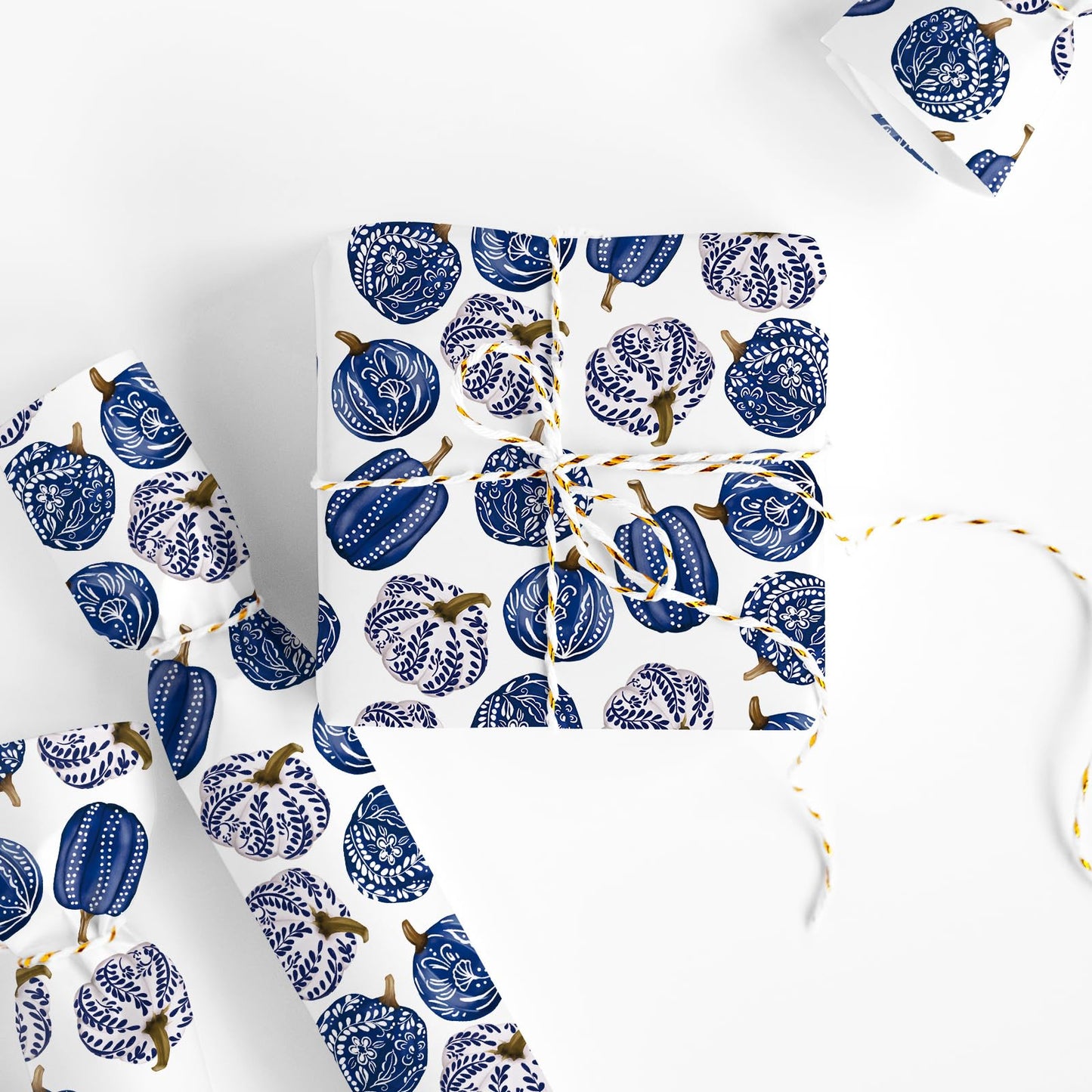JarThenaAMCS Fall Porcelain Pumpkin Wrapping Paper -Mini Roll- 17 In x 32.8 Ft Chinoiserie Blue Pumpkin Gift Wrap Paper for Autumn Thanksgiving Birthday Party