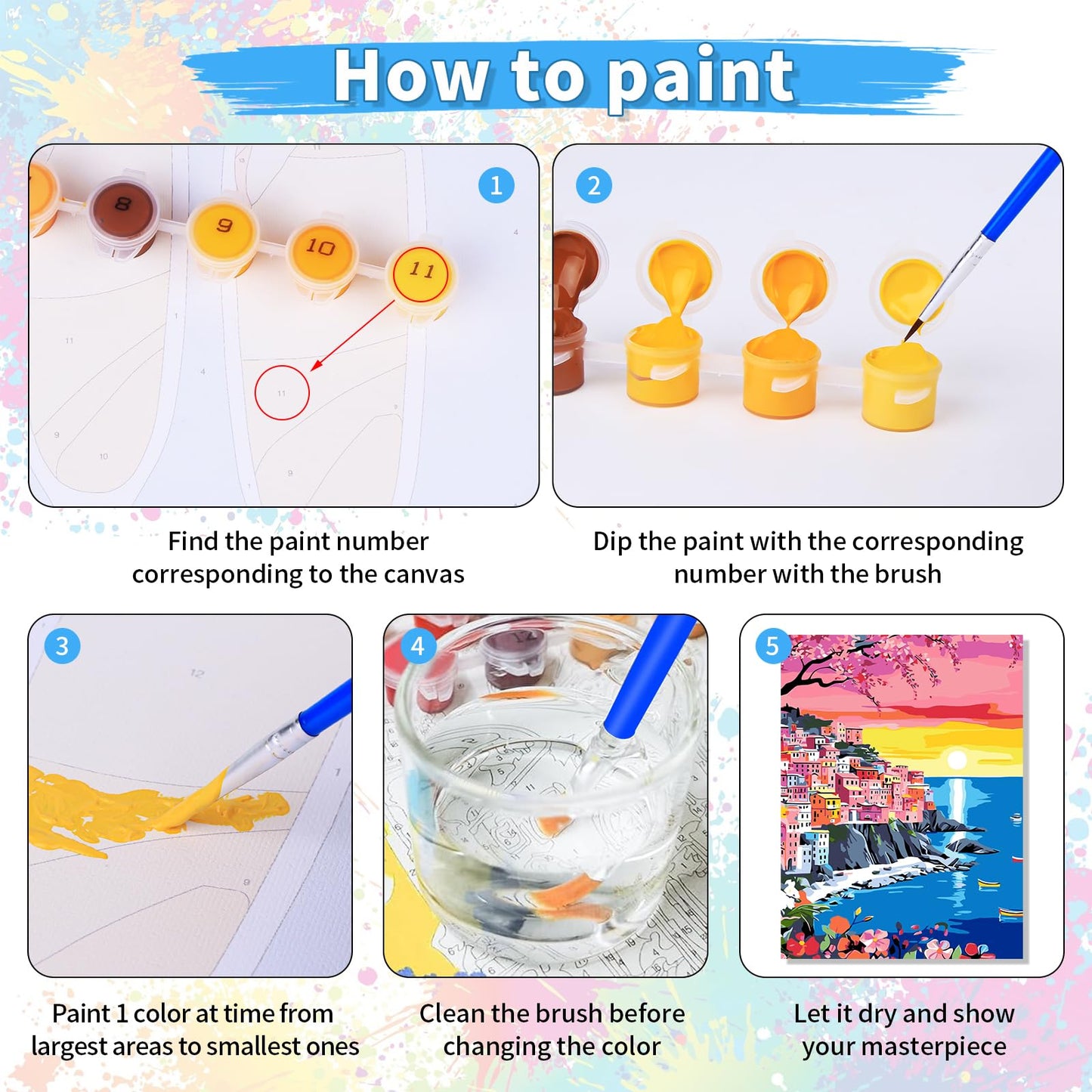 6 Pack DIY Paint by Number Kit for Adults - Mediterranean Coastal Scenery Oil Painting Set, 12x16 Inch Canvas (No Frame), 18 Vivid Acrylic Paints - Stress Relief Art Craft for Home Decor & Gifts