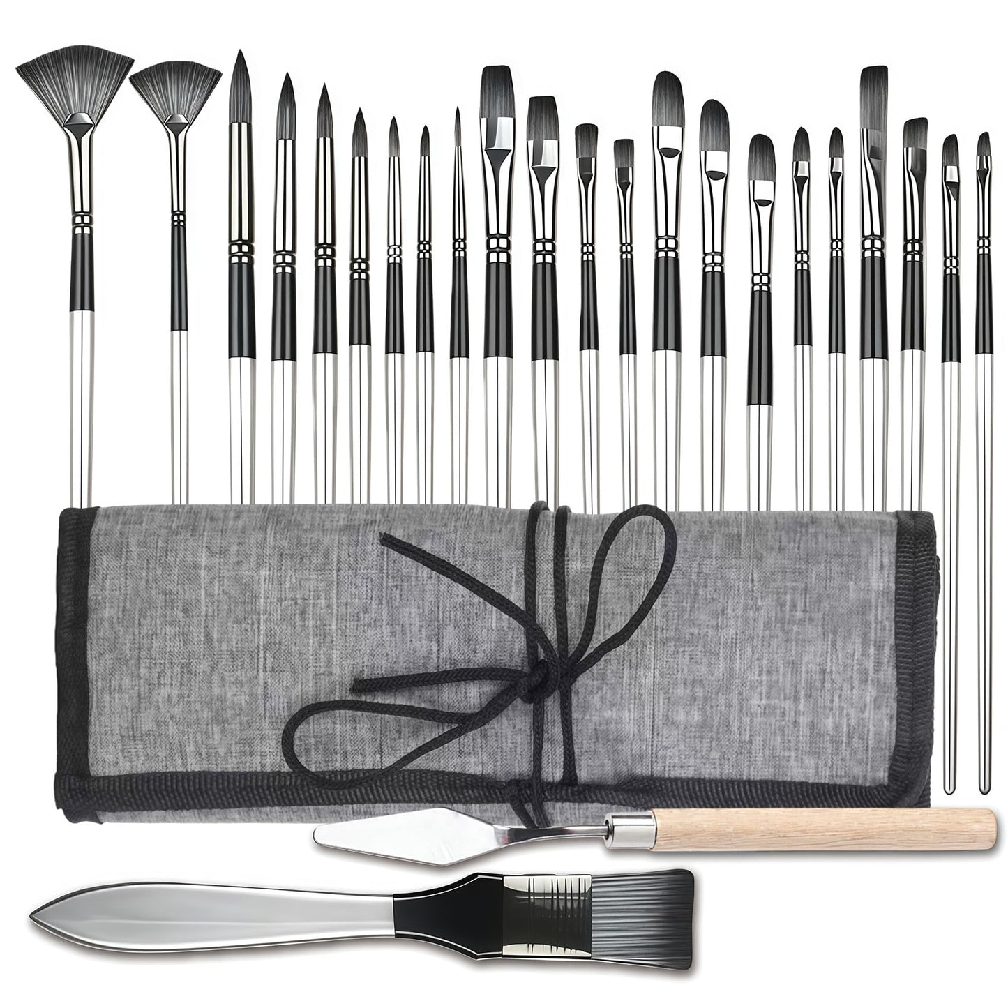 CllyCnny 25pcs Paint Brush Set, Professional Artist Paint Brushes for Acrylic Painting, Oil, Watercolor, Gouache, with Paint Spatula and Cloth Roll - Art Supplies for Artists and Beginners