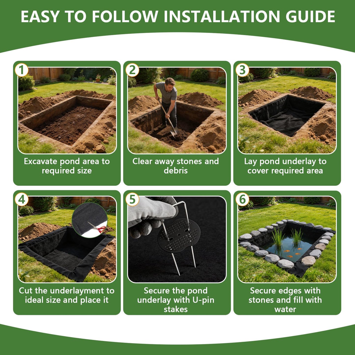 HZCGJMY Pond Liner Non-Woven Geotextile Underlayment 10 x 15 Feet Thickened Outdoor Ponds Underlayment Landscape Fabric Kit with 20 U-Pins and Gaskets for Ponds, Fish Koi, Waterscape