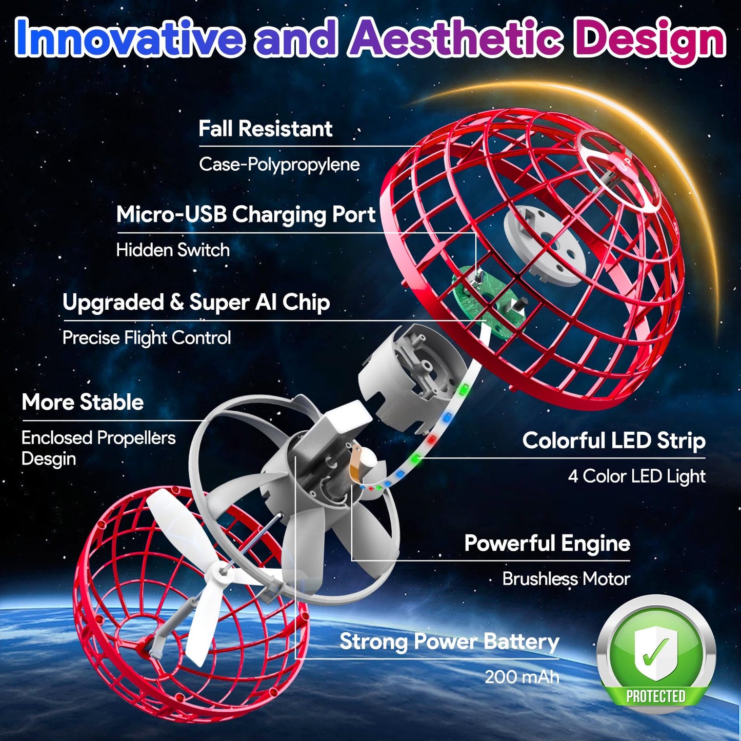 ANOEPUY Flying Orb Ball Toys 2025, Hover Boomerang Spinner Fly Ball Toys for Kids Teen Boys Girls, Soaring Hand Controlled Mini Drone Cosmic Globe Spinning Birthday for 6 7 8 9 10 11 12(Red)