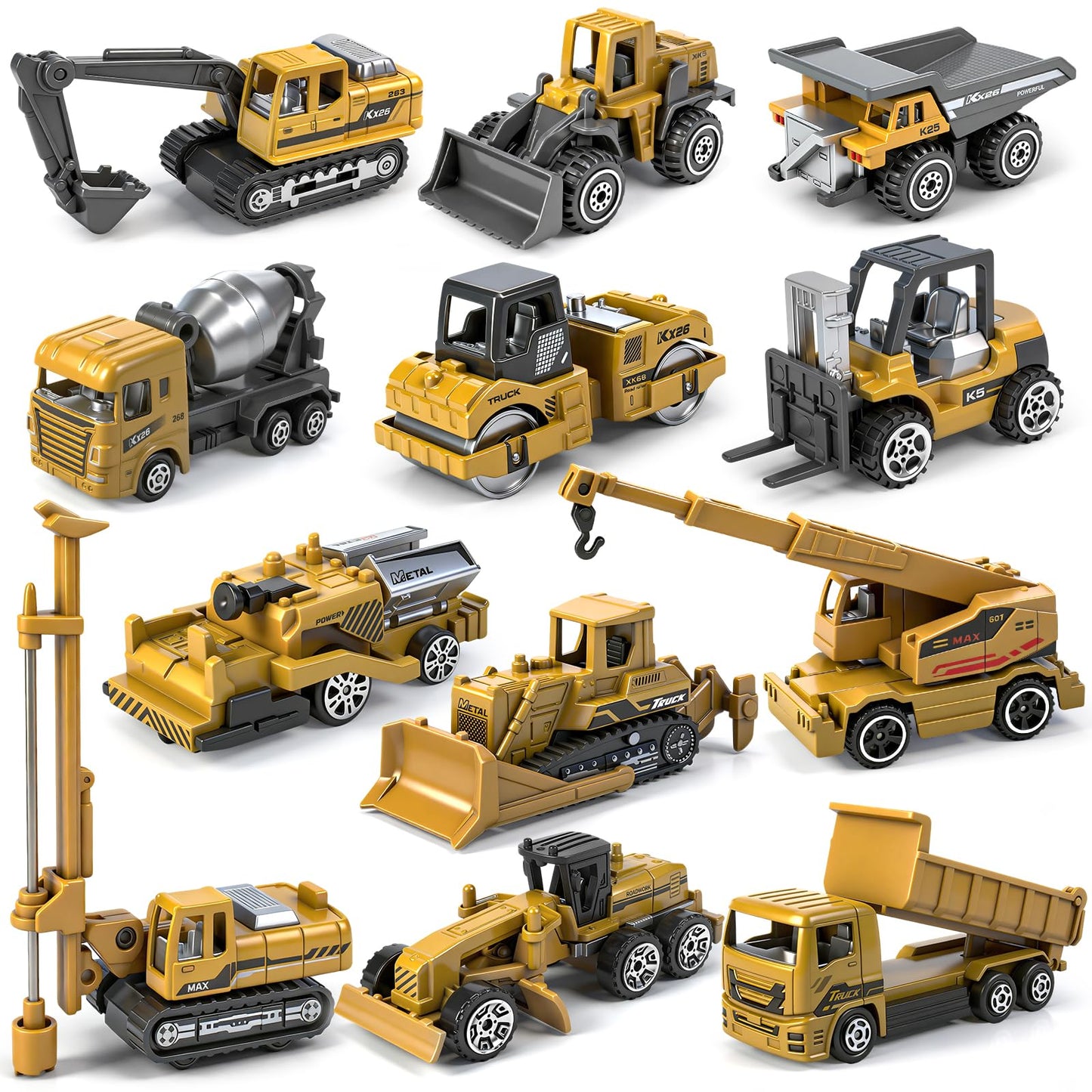 12 Pack Diecast Construction Toys, Mini Alloy Engineering Vehicle Car Set for Kids 3 4 5 6 7 8 Years Old, Excavator Truck Toys for Birthday Party Favors Cake Decorations Gifts(Yellow)